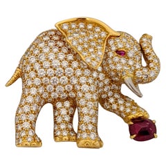 Retro Oscar Heyman 18Kt Yellow Gold Diamond Ruby Elephant Brooch