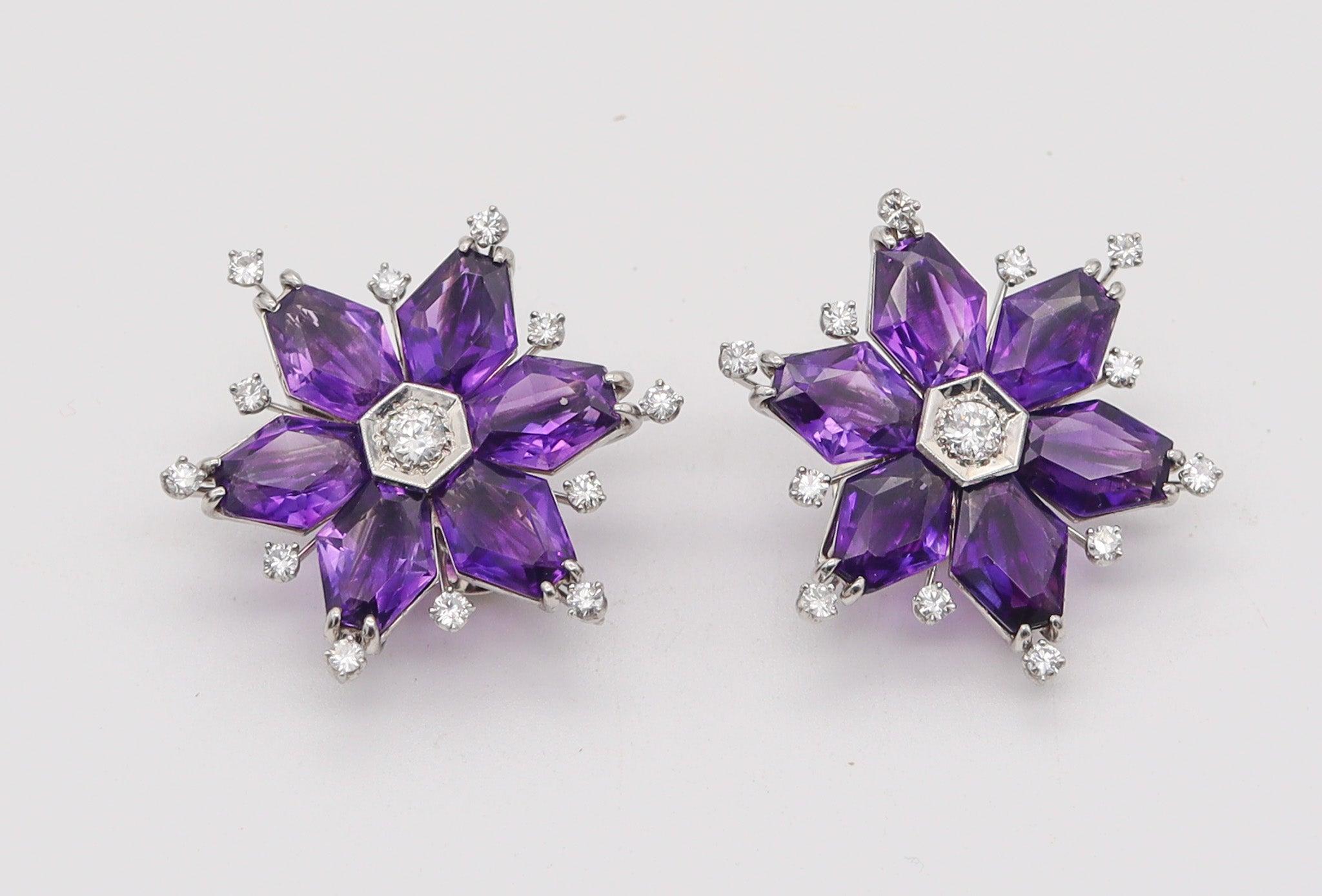 Art Deco OSCAR HEYMAN 1935 Art-Deco Platinum Clips-Earrings With Amethysts & Diamonds