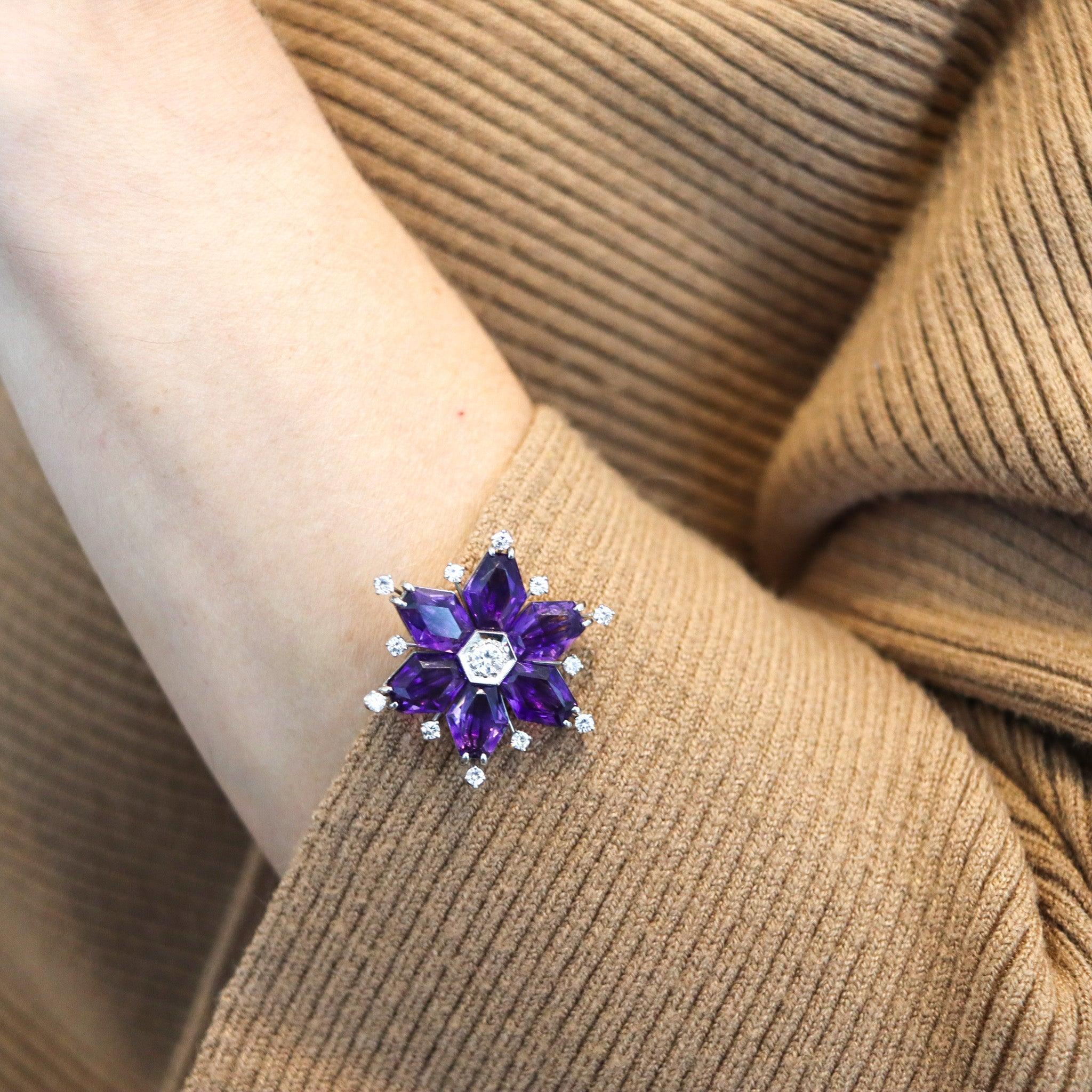 Hexagon Cut OSCAR HEYMAN 1935 Art-Deco Platinum Clips-Earrings With Amethysts & Diamonds