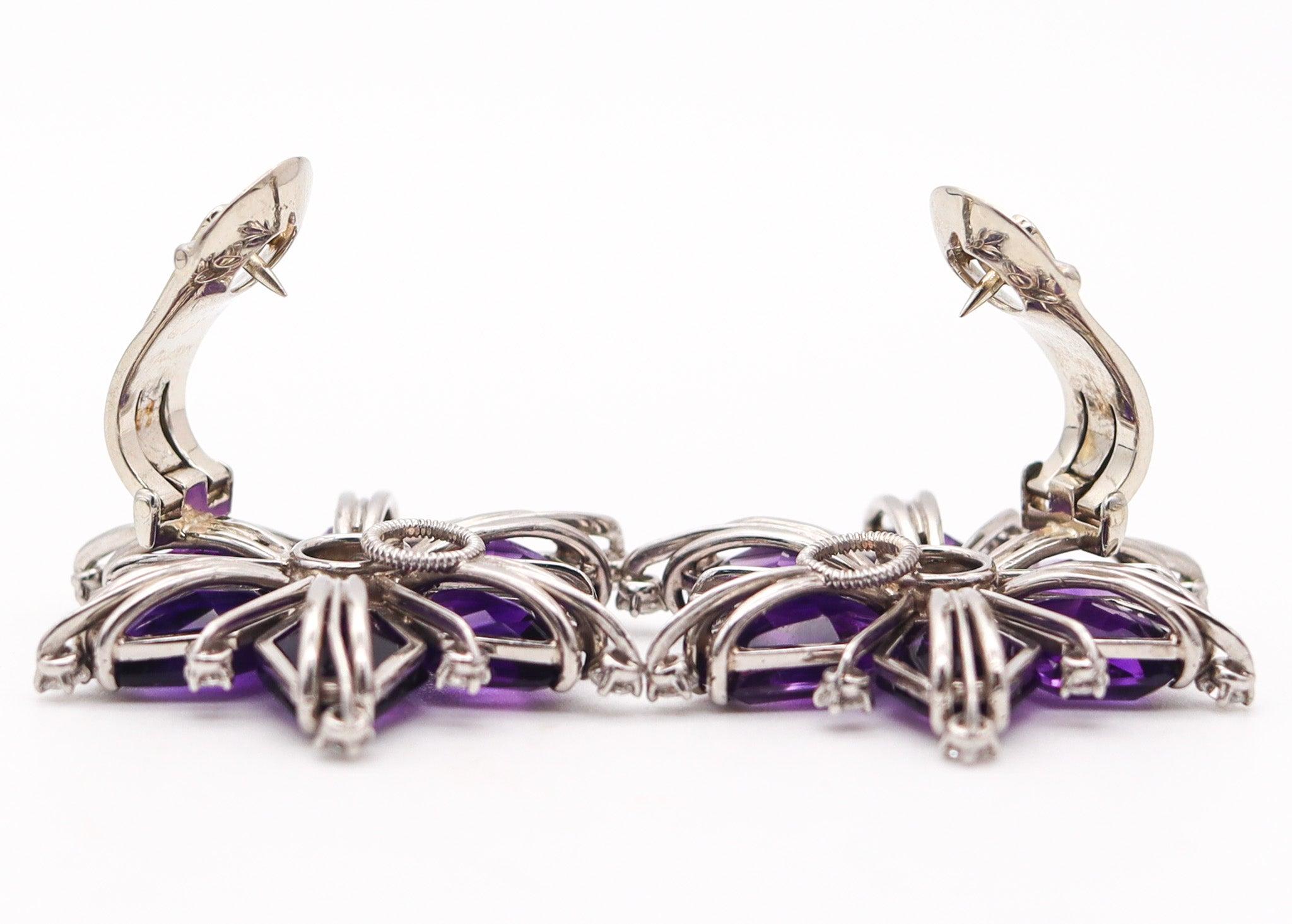 OSCAR HEYMAN 1935 Art-Deco Platinum Clips-Earrings With Amethysts & Diamonds In Excellent Condition In Miami, FL