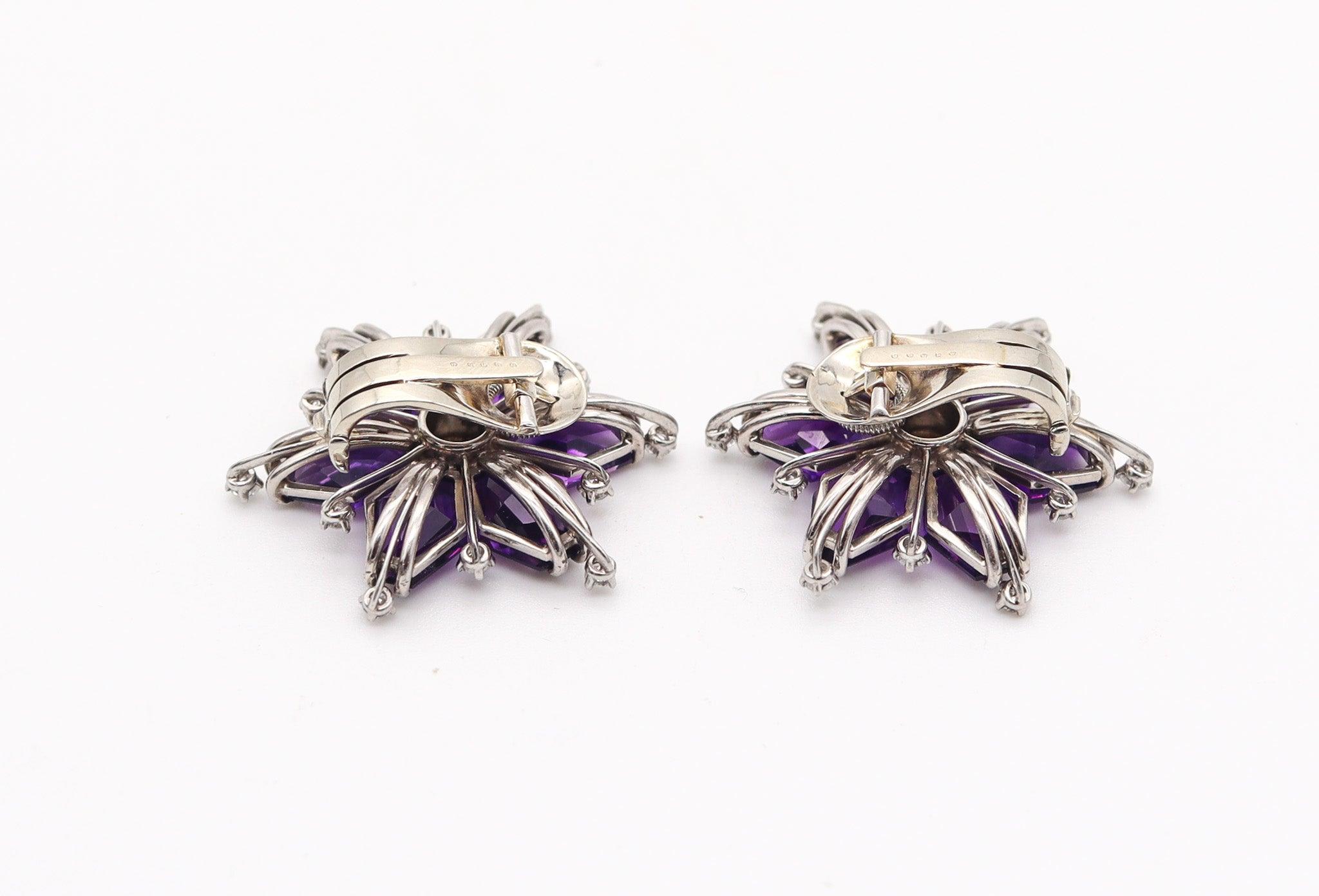 Women's OSCAR HEYMAN 1935 Art-Deco Platinum Clips-Earrings With Amethysts & Diamonds