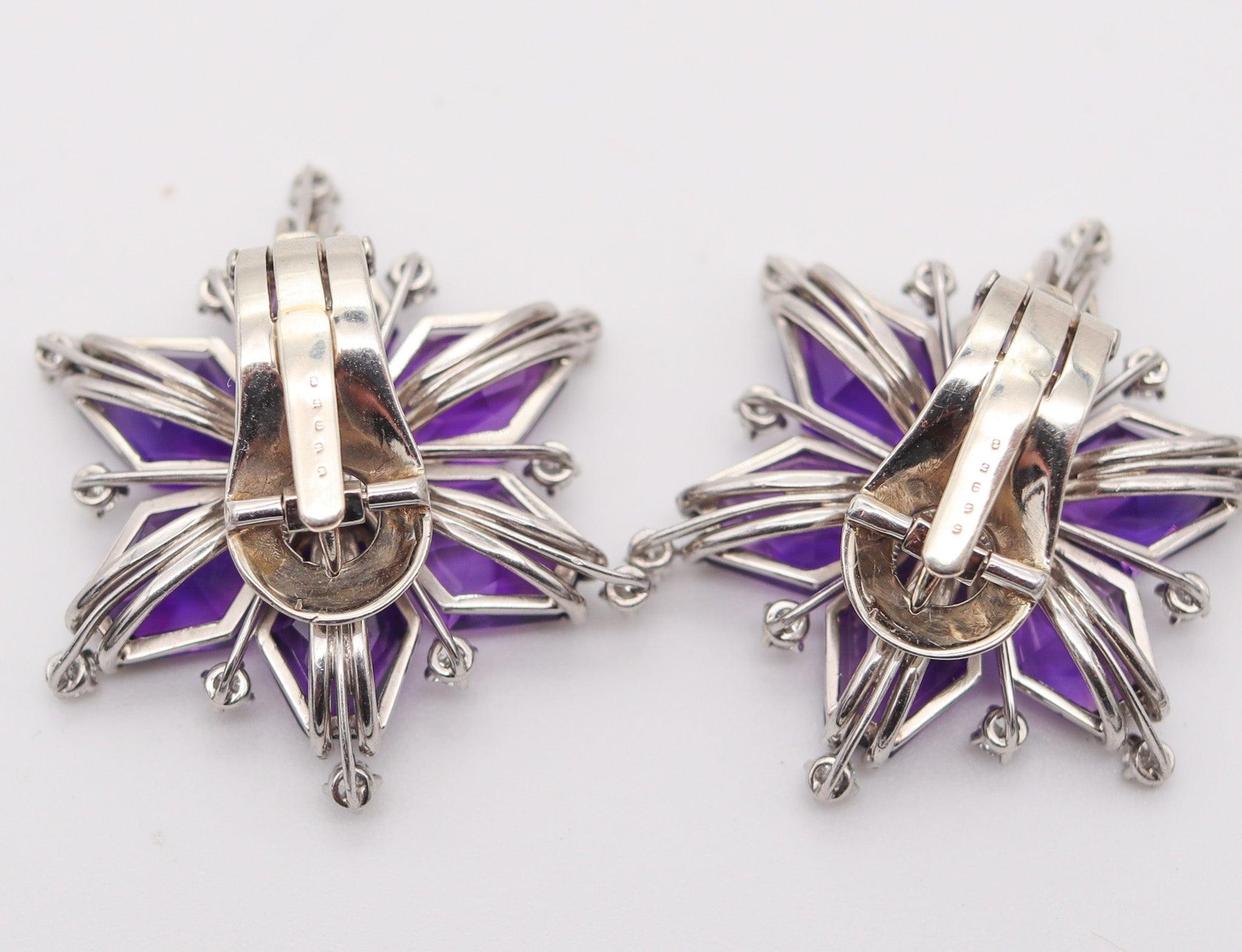 OSCAR HEYMAN 1935 Art-Deco Platinum Clips-Earrings With Amethysts & Diamonds 2