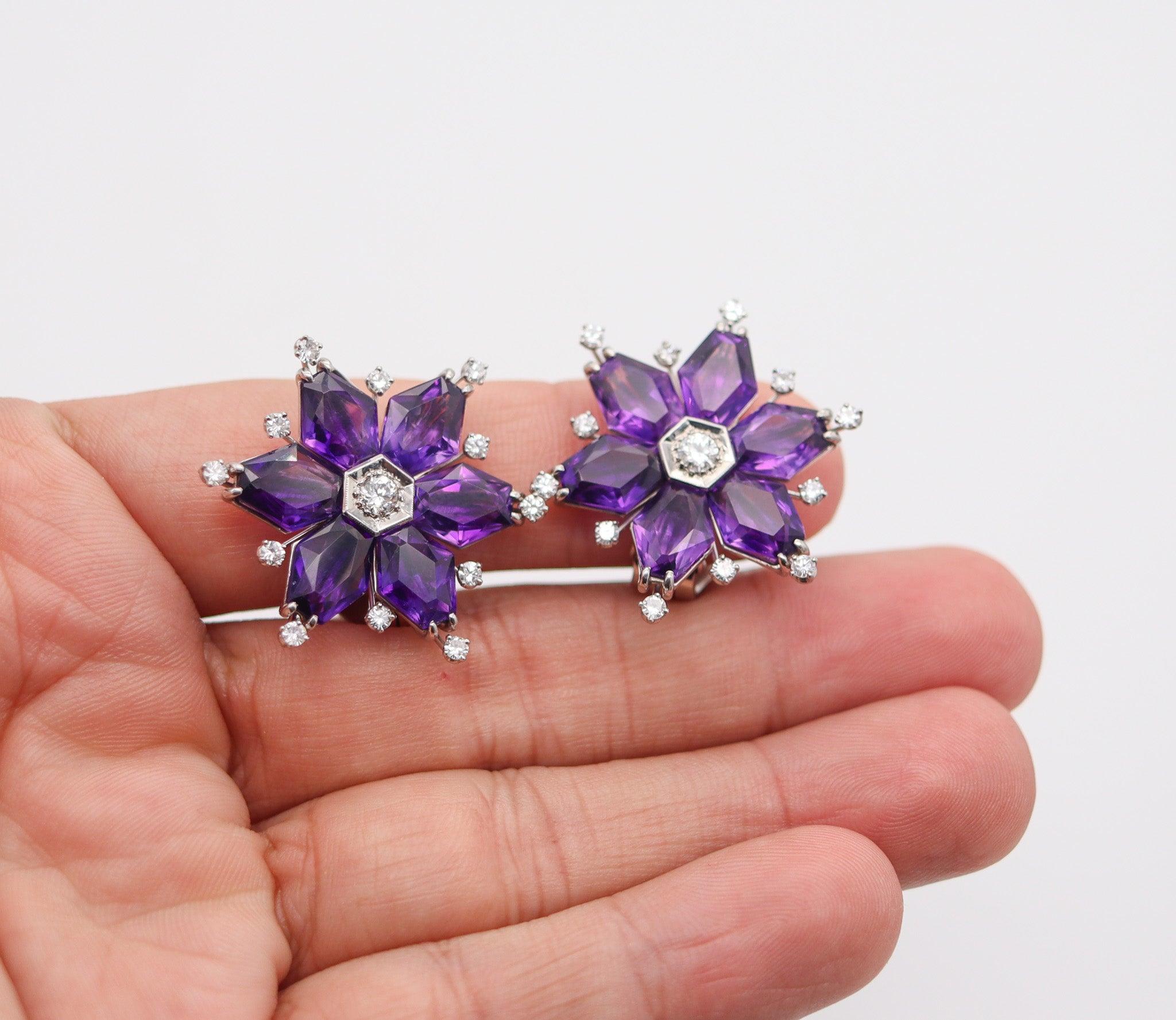 OSCAR HEYMAN 1935 Art-Deco Platinum Clips-Earrings With Amethysts & Diamonds 3