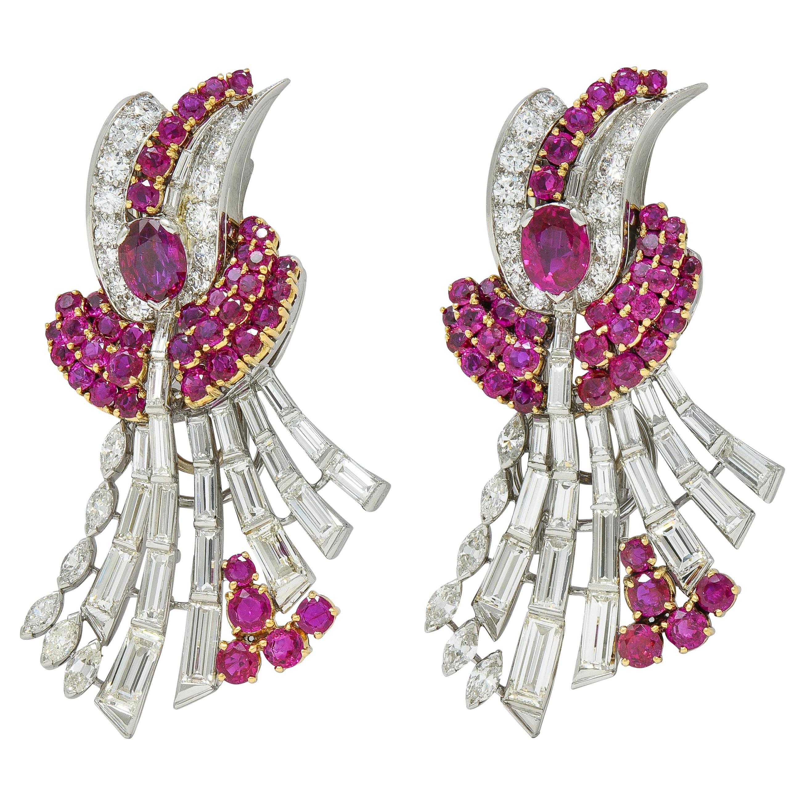 Oscar Heyman 1940 Diamant Birmanie Rubis Platine Or 18K Vintage Broche Clips GIA