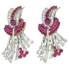 Oscar Heyman 1940 Diamante Burma Rubino Platino Oro 18K Spilla Vintage GIA