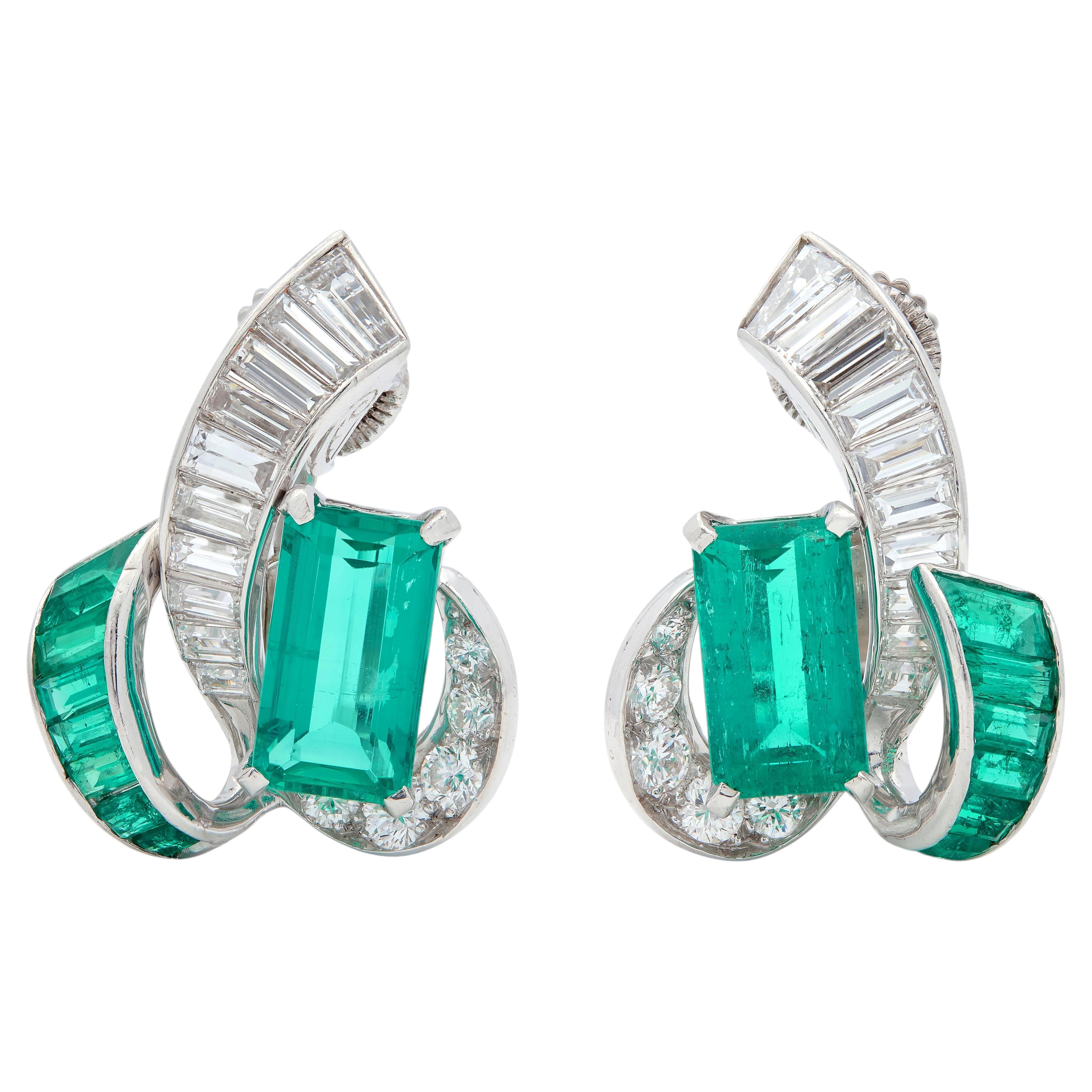 Oscar Heyman 1950 Emeraude Colombienne Diamant Platine Boucles d'Oreilles Vintage
