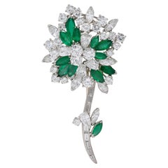 Oscar Heyman 1950's 13.70 CTW Diamond Emerald Platinum Vintage Flower Brooch