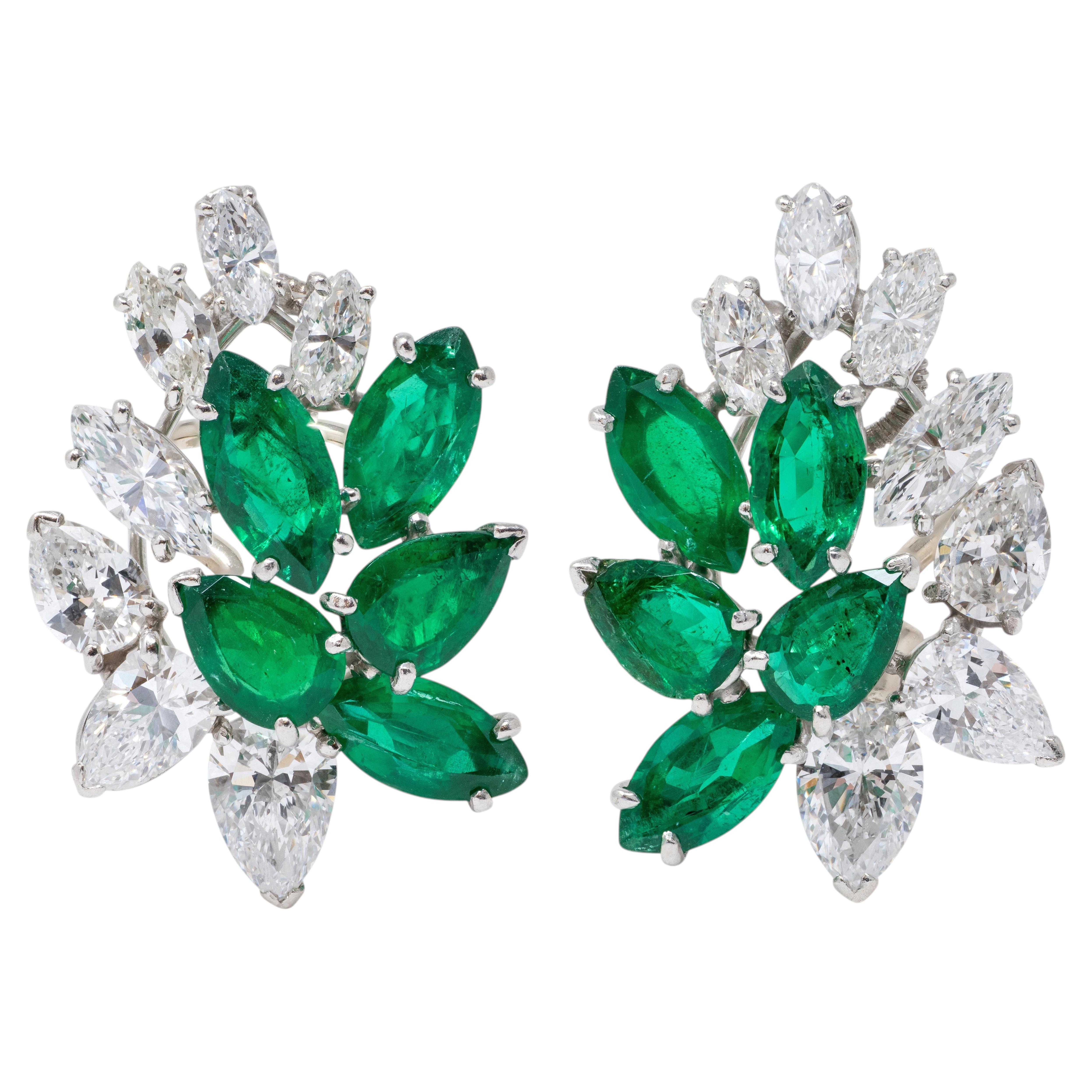 Oscar Byman 1950s Diamond Emerald Platinum Gold Vintage Spray Ear-Clip Earrings