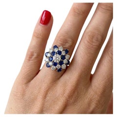 Oscar Heyman 1970s Platinum Diamond and Royal-Blue Sapphire Cluster Ring