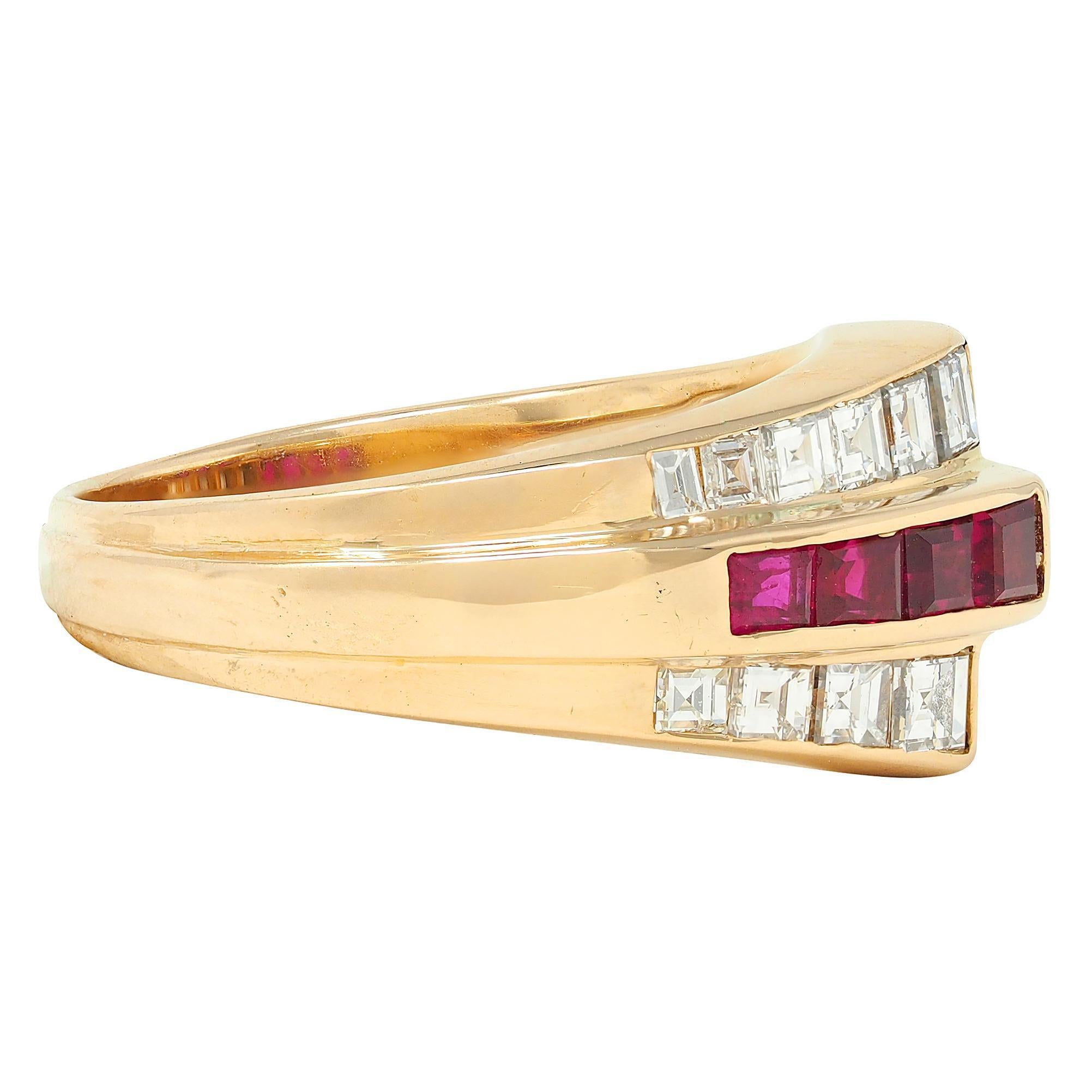 Modern Oscar Heyman 1980's Ruby Diamond 18 Karat Yellow Gold Vintage Channel Band Ring For Sale