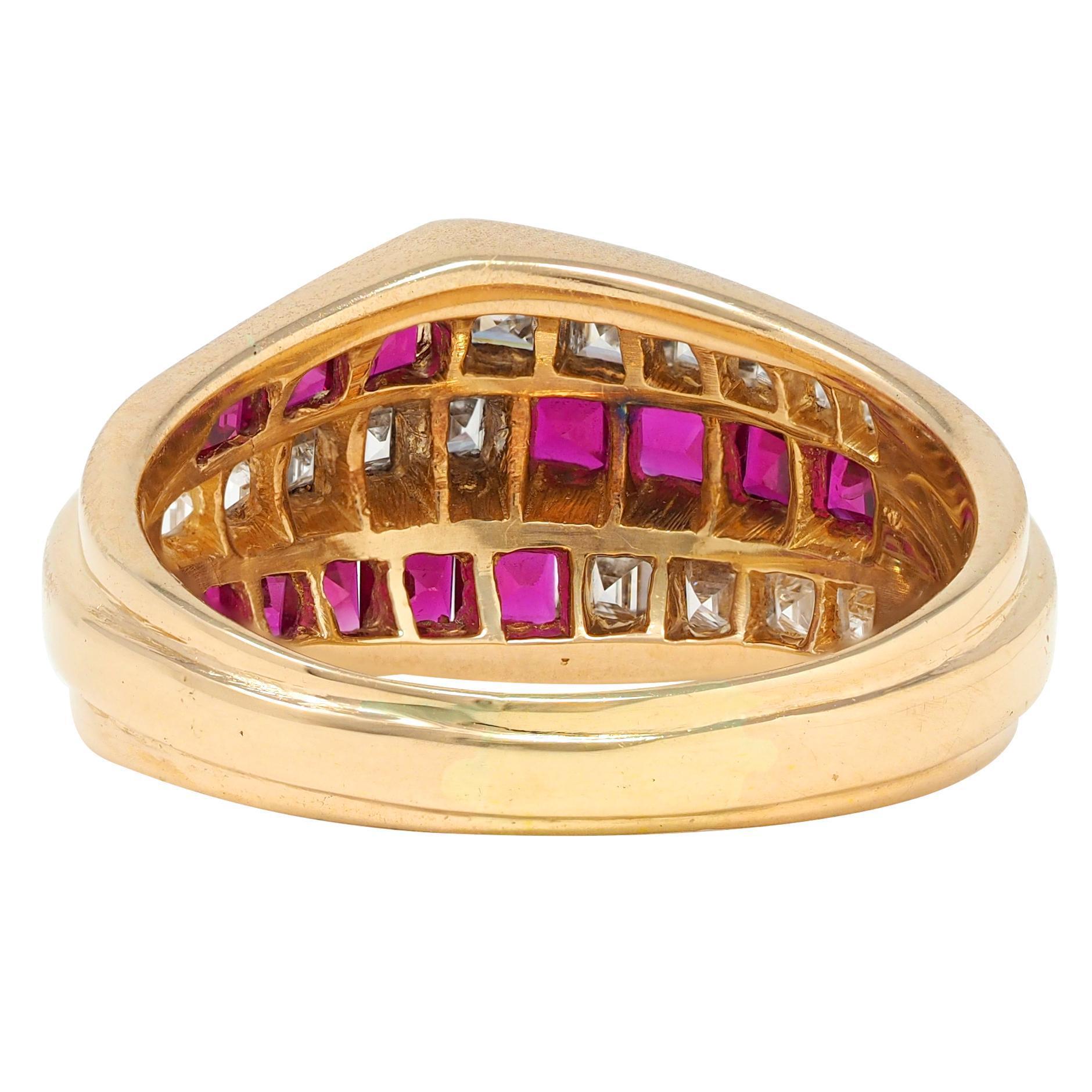 Baguette Cut Oscar Heyman 1980's Ruby Diamond 18 Karat Yellow Gold Vintage Channel Band Ring For Sale