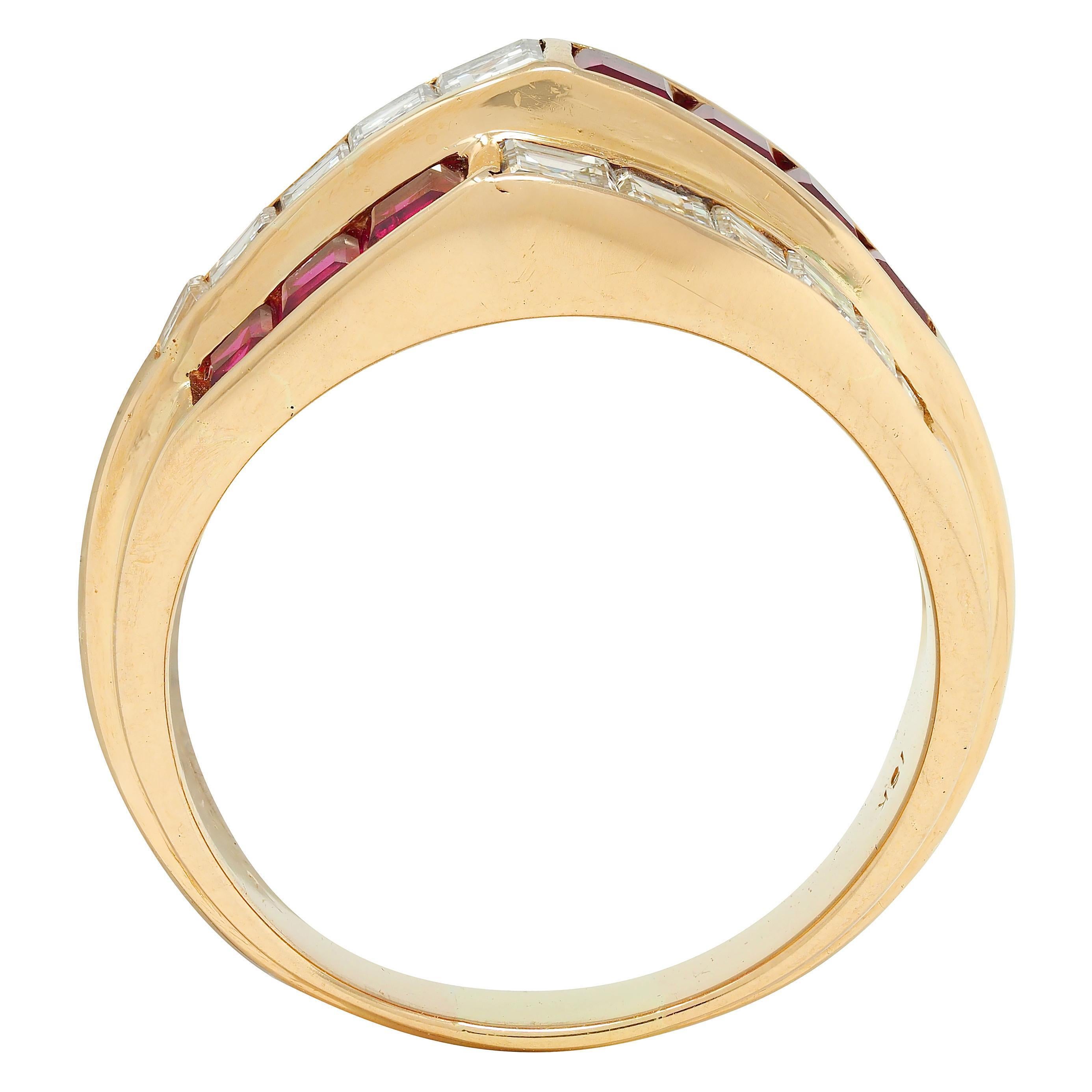 Women's or Men's Oscar Heyman 1980's Ruby Diamond 18 Karat Yellow Gold Vintage Channel Band Ring For Sale
