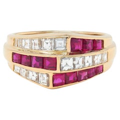 Oscar Heyman 1980's Ruby Diamond 18 Karat Yellow Gold Vintage Channel Band Ring