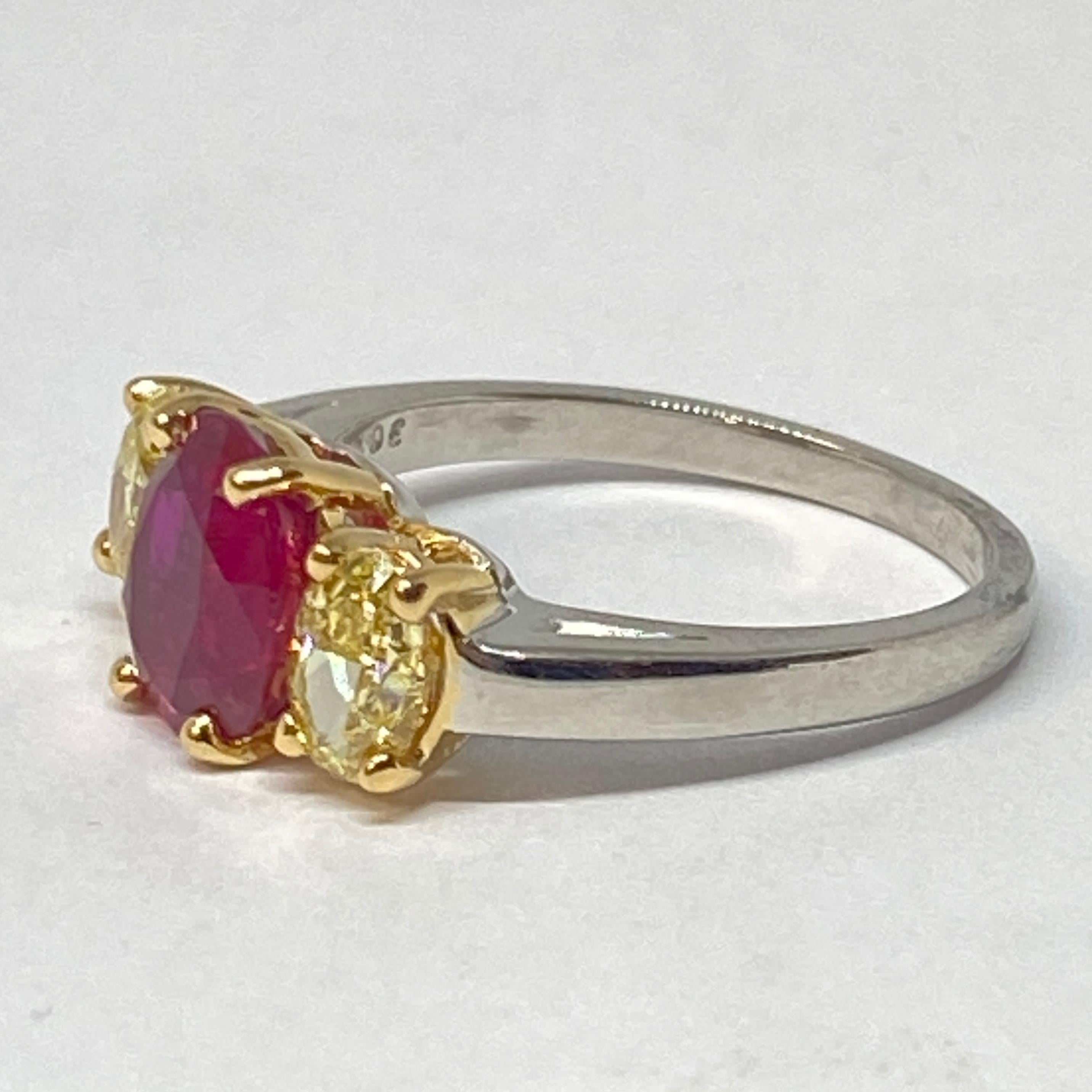 Oval Cut Oscar Heyman 2.07 Carat Burma No-Heat Ruby and Yellow Diamond Three-Stone Ring