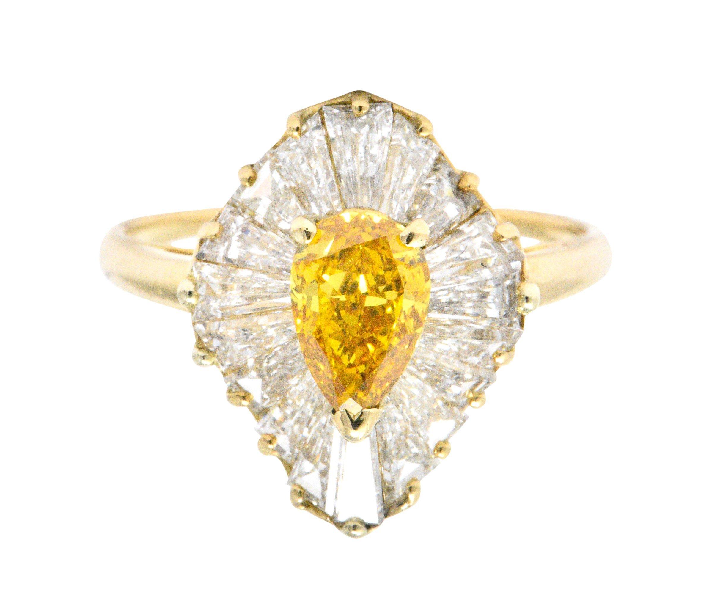 Modernist Oscar Heyman 2.74 Carats Fancy Yellow Diamond 18 Karat Gold Ballerina Halo Ring