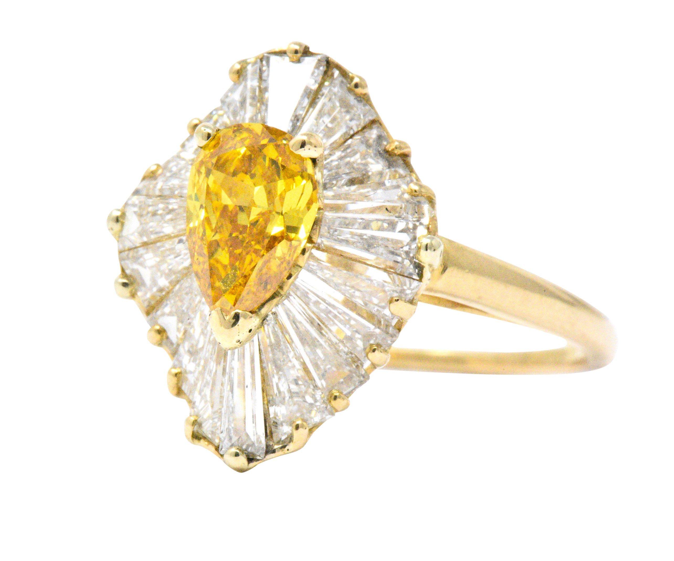 Pear Cut Oscar Heyman 2.74 Carats Fancy Yellow Diamond 18 Karat Gold Ballerina Halo Ring