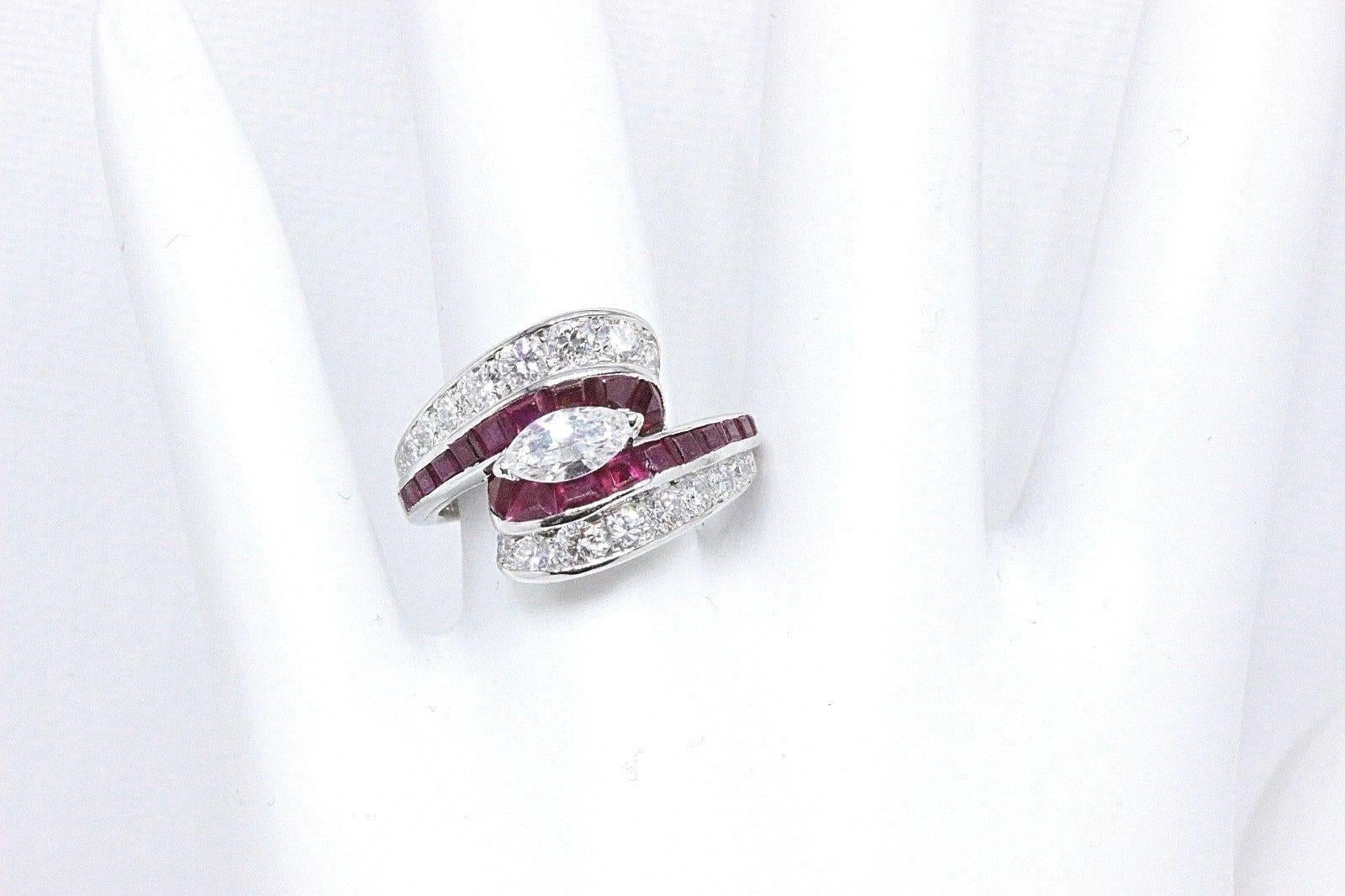Marquise Cut Oscar Heyman 3.22 Carat Diamond and Ruby Platinum Ring, circa 1950