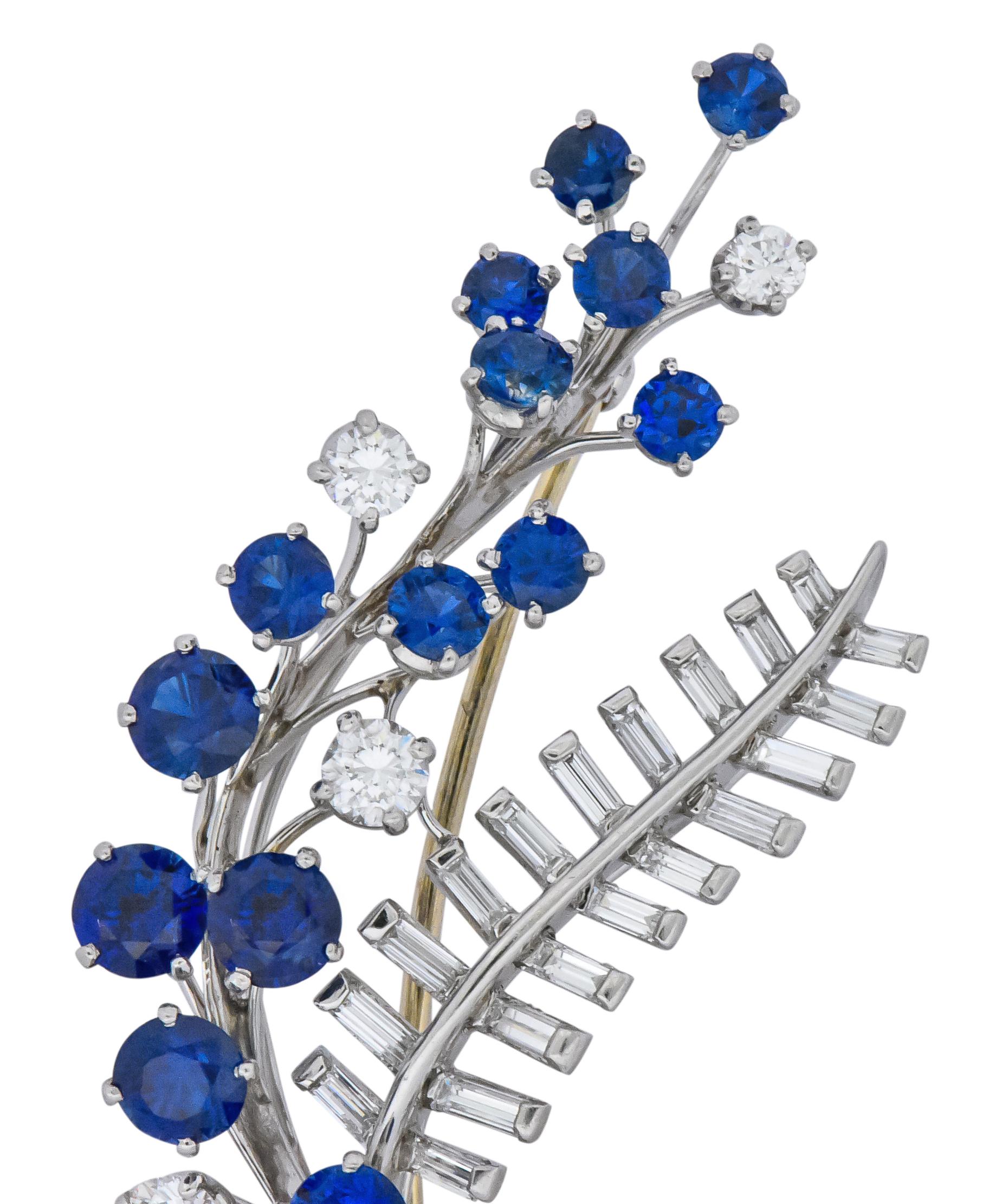Women's or Men's Oscar Heyman 3.40 Carat Sapphire Diamond Platinum Floral Spray Brooch
