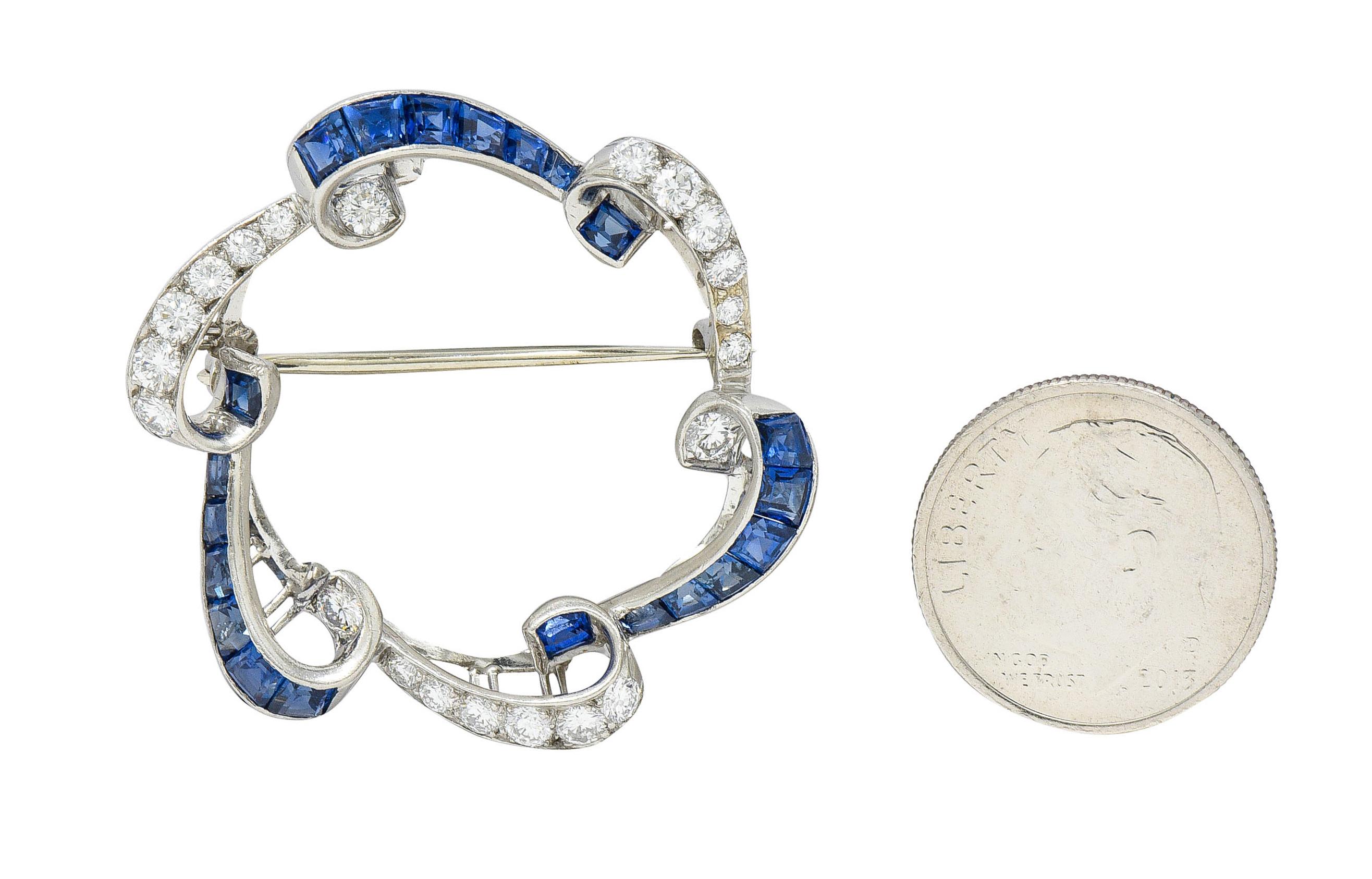 Oscar Heyman 3.75 Carats Sapphire Diamond Platinum Scrolled Wreath Brooch For Sale 2