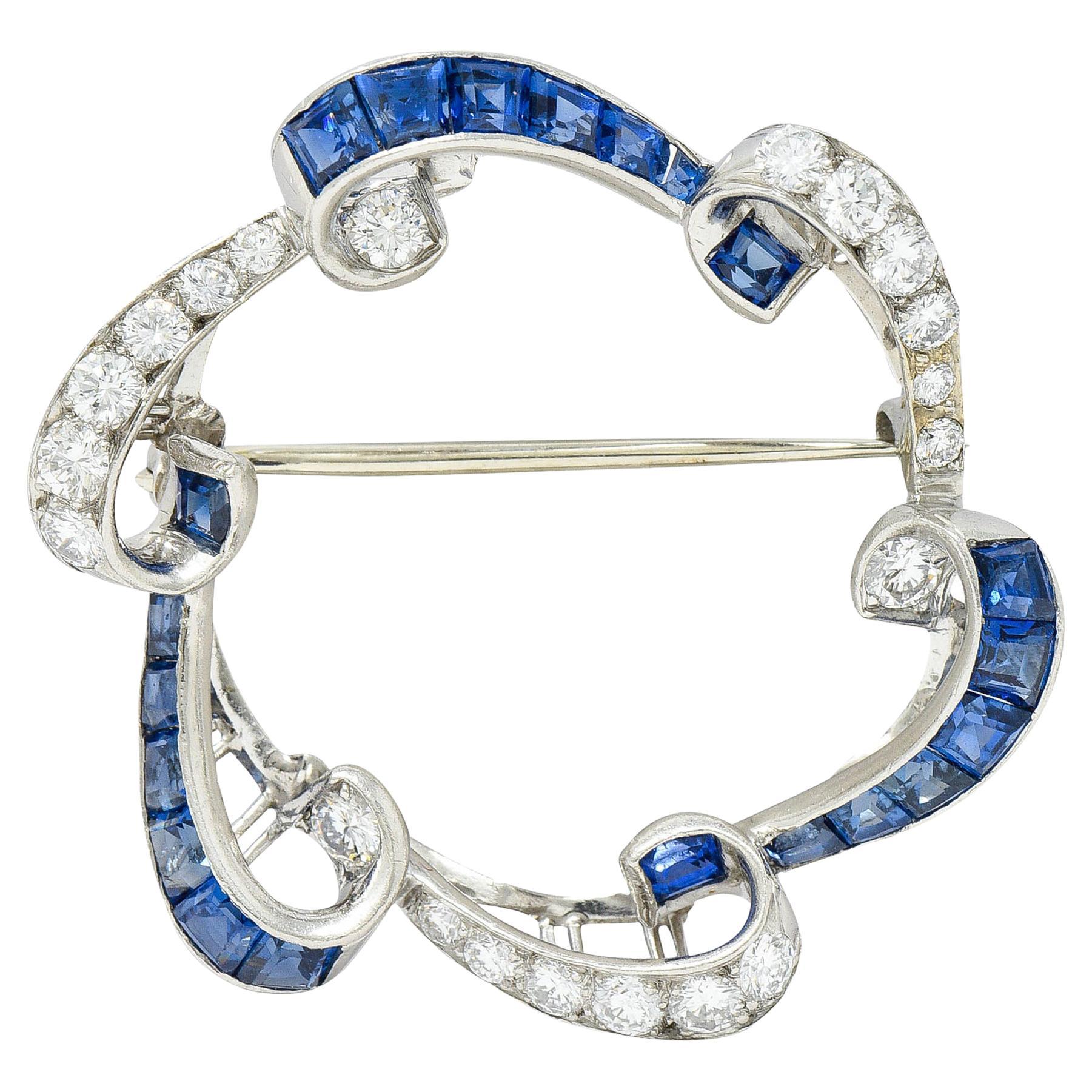 Oscar Heyman 3.75 Carats Sapphire Diamond Platinum Scrolled Wreath Brooch For Sale