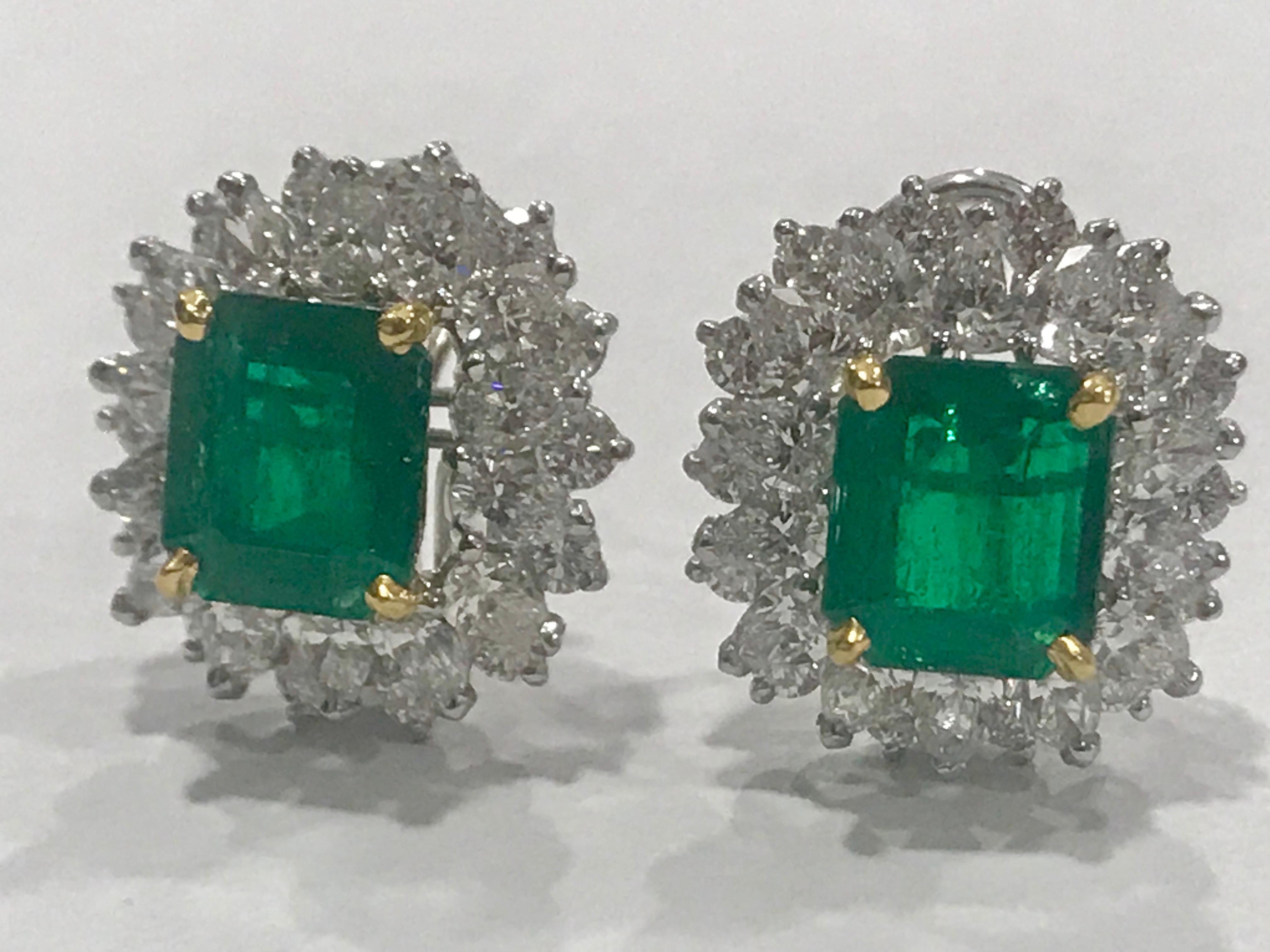 Emerald Cut Oscar Heyman AGL Certified Tradition Colombian Emerald Diamond Earring Platinum  For Sale