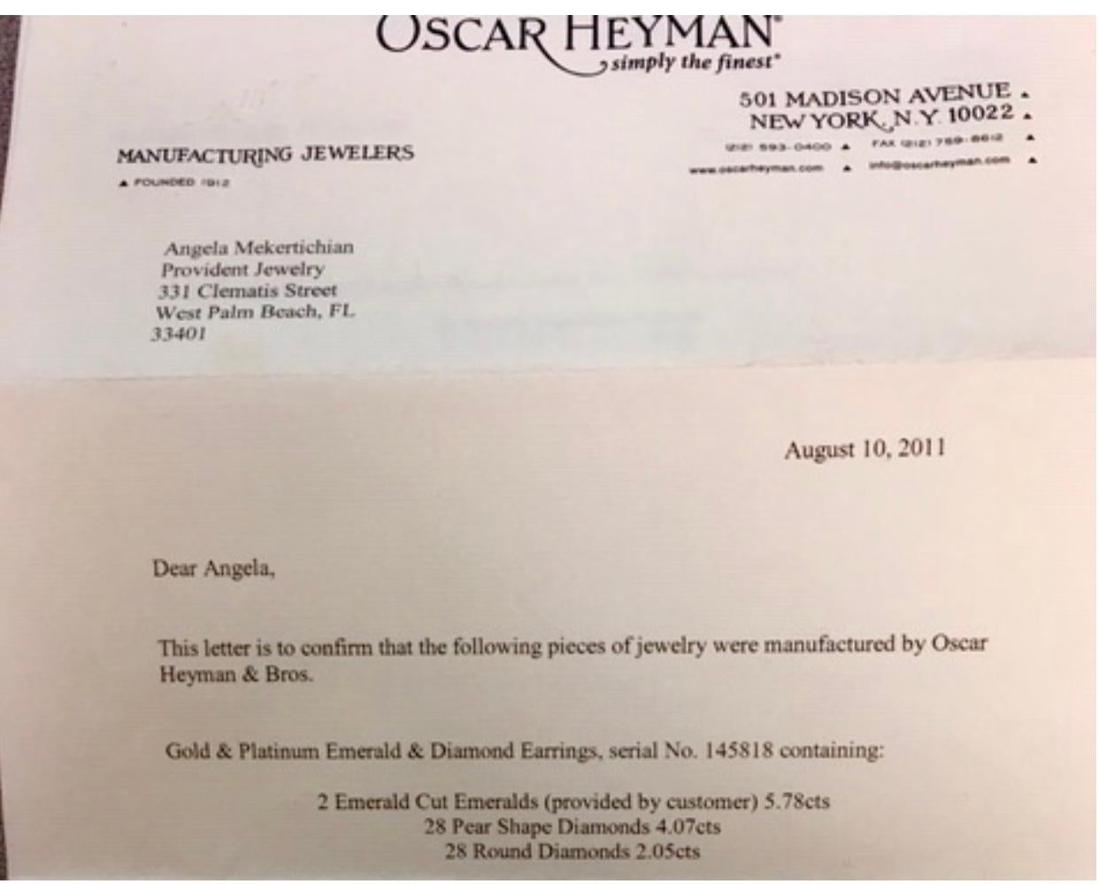 Oscar Heyman, boucles d'oreilles en platine avec émeraude de Colombie traditionnelle certifiée AGL  Excellent état - En vente à New York, NY