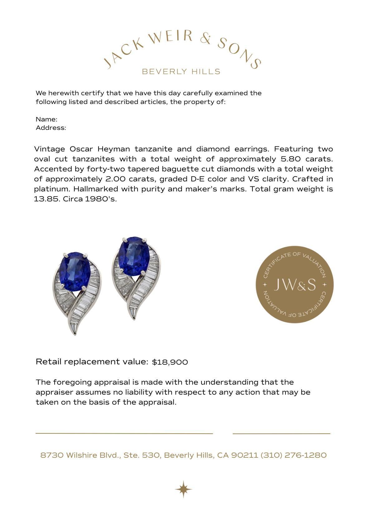 Women's Oscar Heyman 5.80 carat tanzanite diamond platinum earrings For Sale