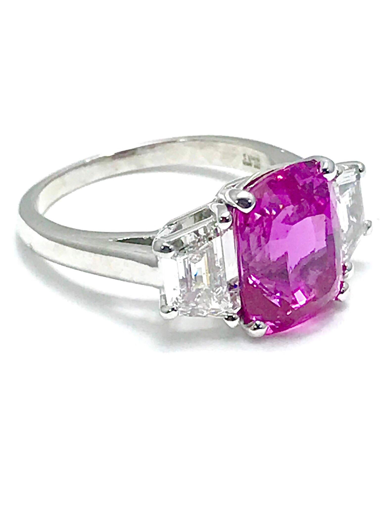 Modern Oscar Heyman 6.32ct Cushion Pink Sapphire and Trapezoid Diamond Platinum Ring