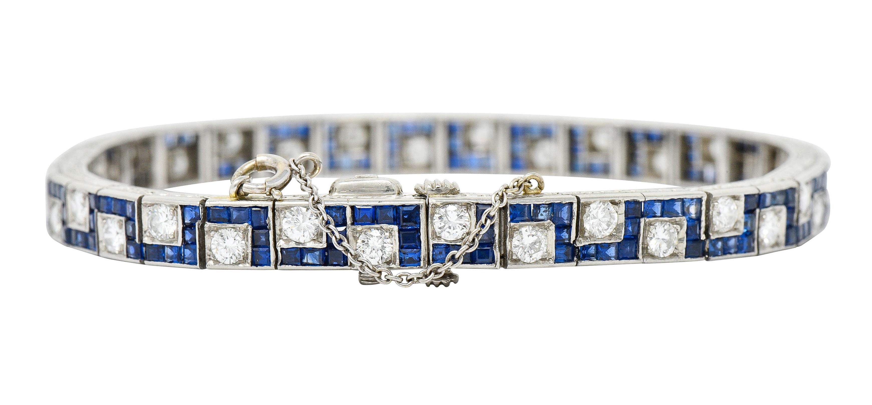Round Cut Oscar Heyman 8.45 Carats Sapphire Diamond Platinum Line Bracelet, Circa 1950