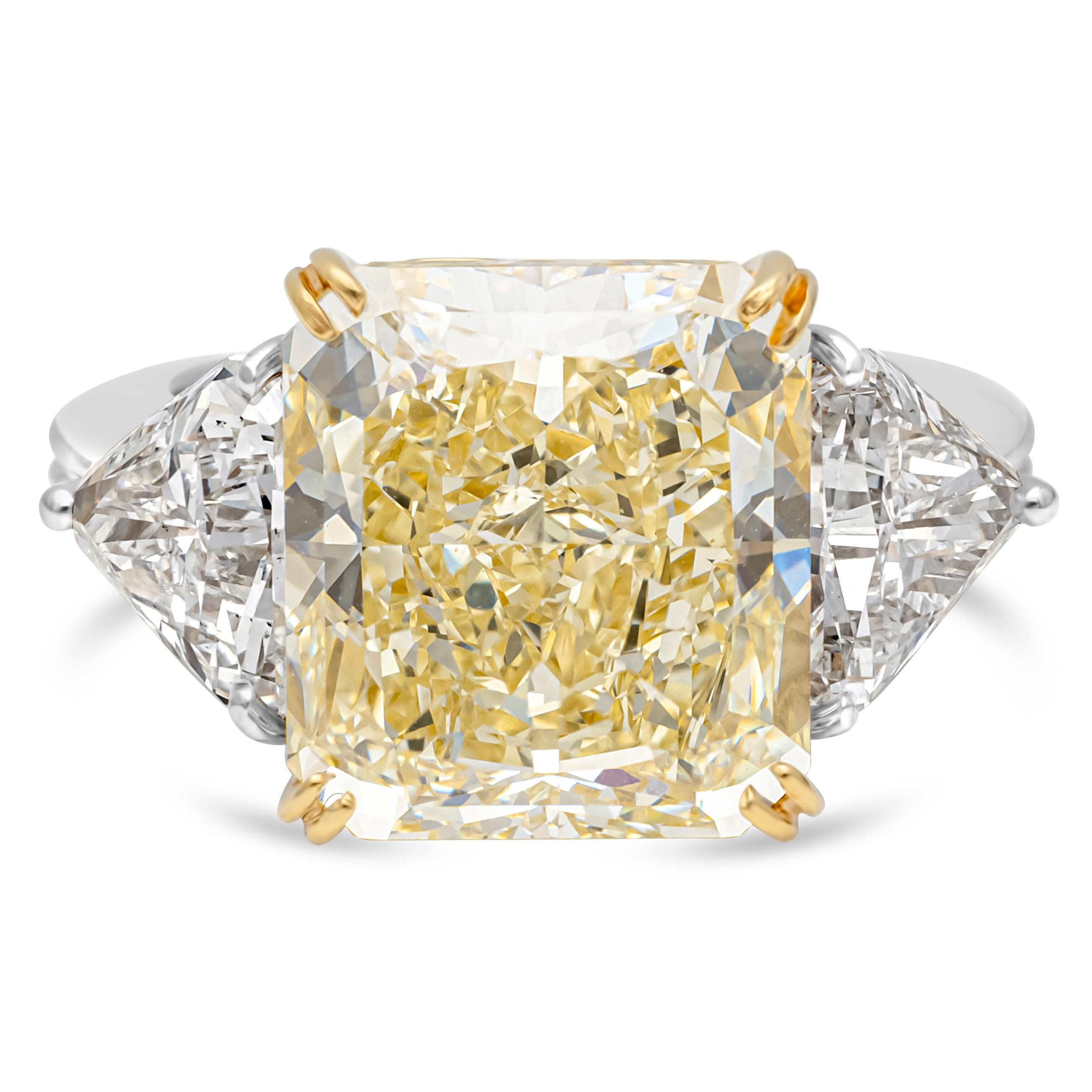 Contemporary Oscar Heyman 9.03 Radiant Cut Fancy Yellow Diamond Three-Stone Engagement Ring For Sale