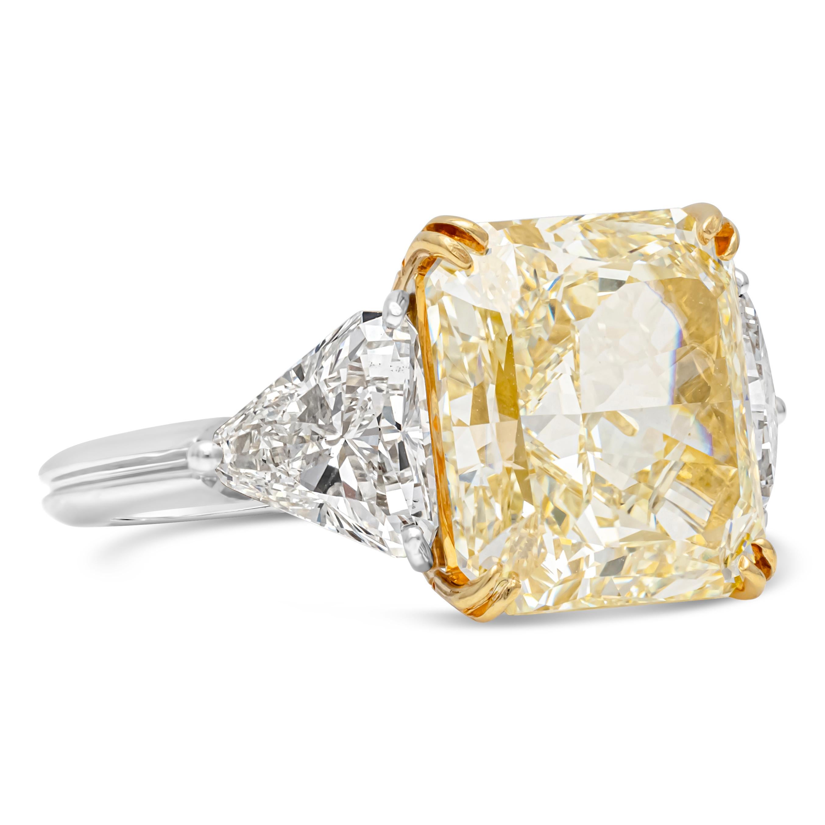 Oscar Heyman 9.03 Radiant Cut Fancy Yellow Diamond Three-Stone Engagement Ring In New Condition For Sale In New York, NY