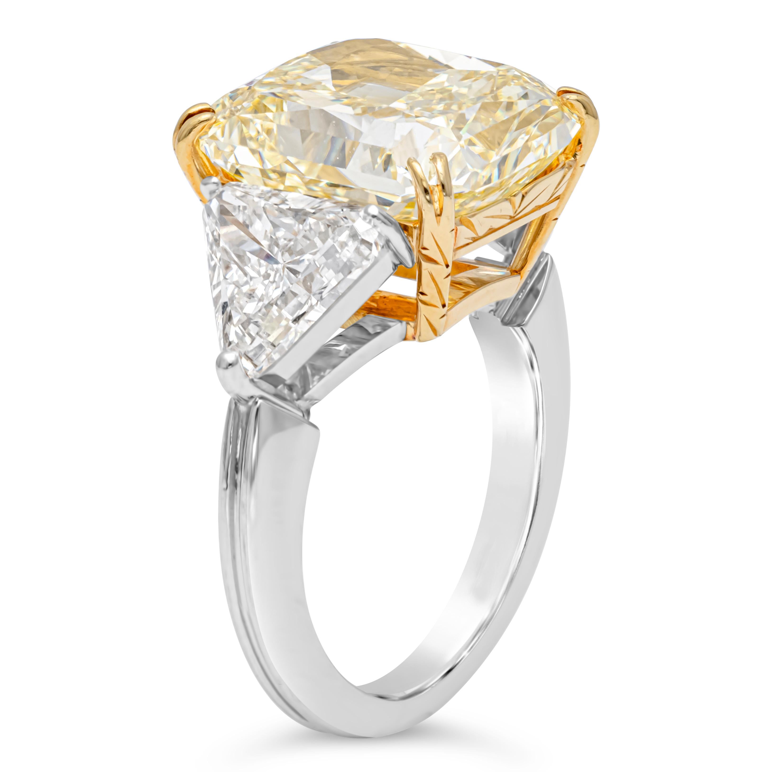 Women's Oscar Heyman 9.03 Radiant Cut Fancy Yellow Diamond Three-Stone Engagement Ring For Sale