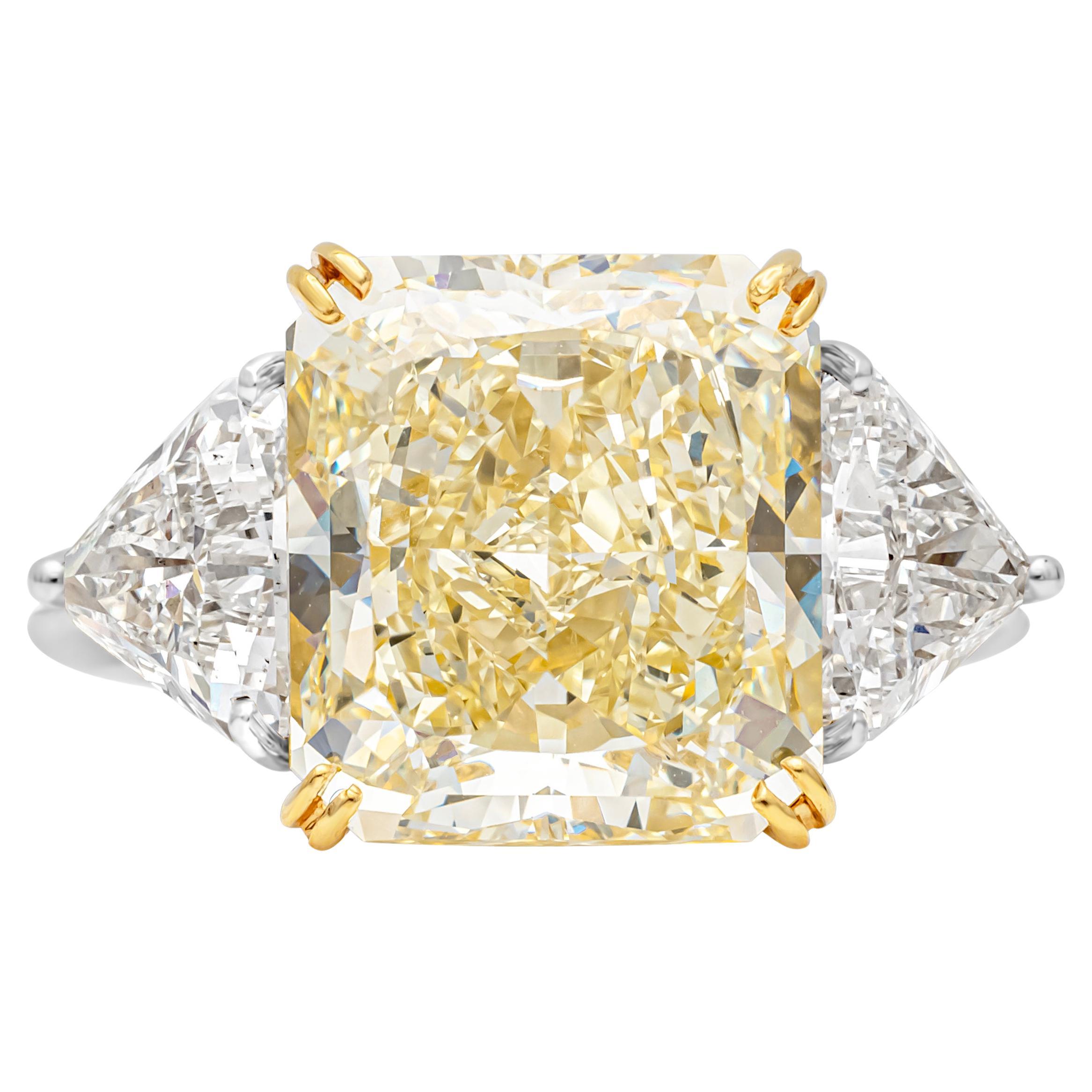 Oscar Heyman 9.03 Radiant Cut Fancy Yellow Diamond Three-Stone Engagement Ring For Sale