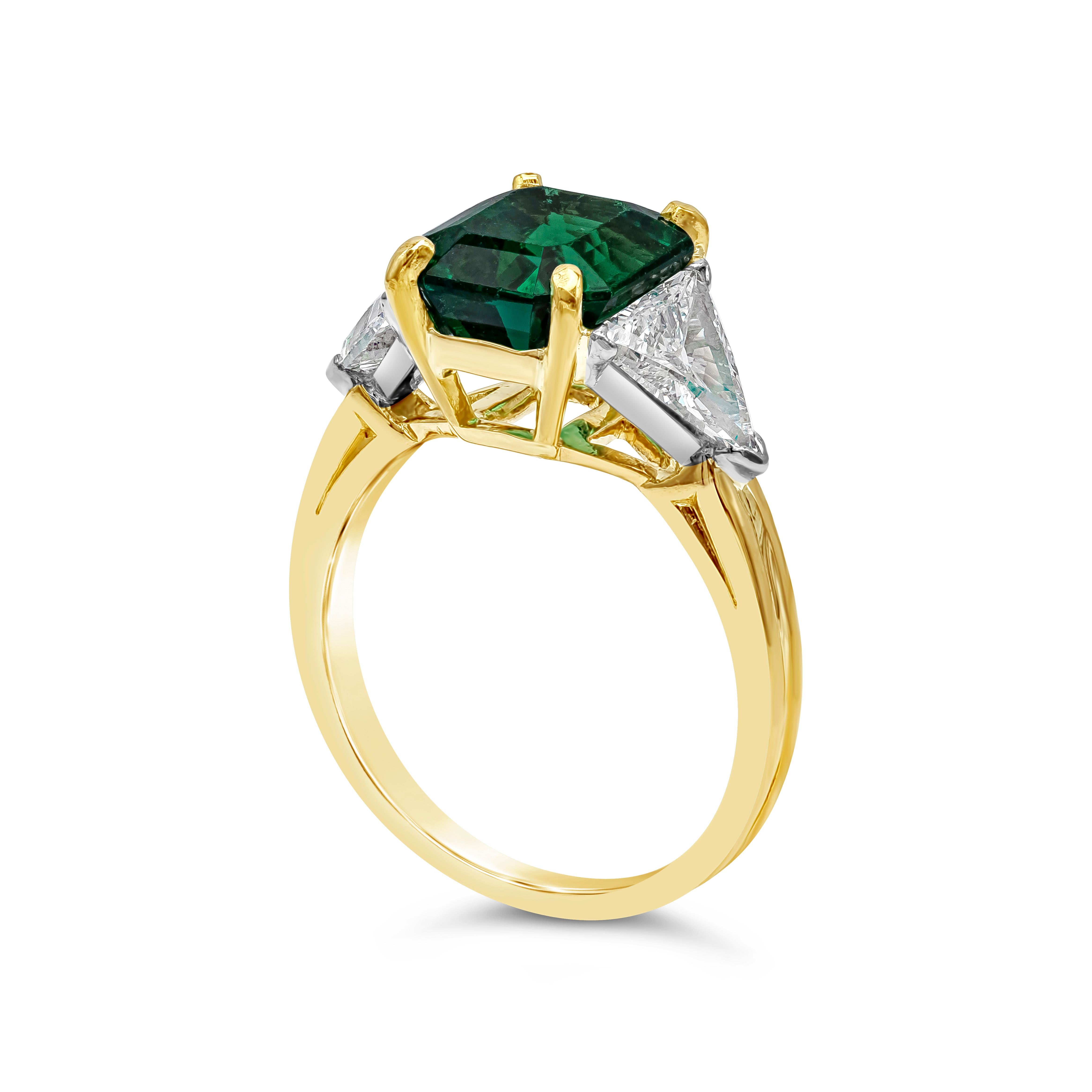 Contemporary Oscar Heyman 2.91 Carat Emerald Cut Green Emerald Three Stone Ring For Sale