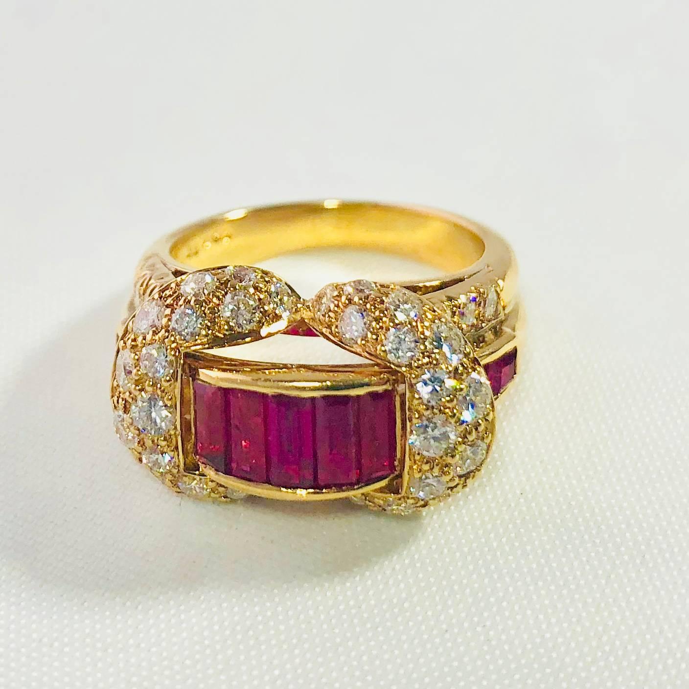 Baguette Cut Oscar Heyman and Brothers 18 Karat Gold, Ruby and Diamond Cocktail Ring For Sale