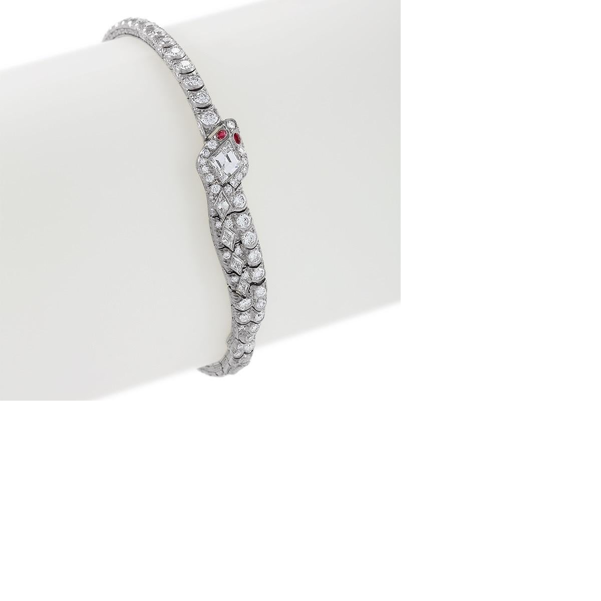 Oscar Heyman Art Deco Diamond Ruby Platinum Snake Bracelet In Excellent Condition In New York, NY
