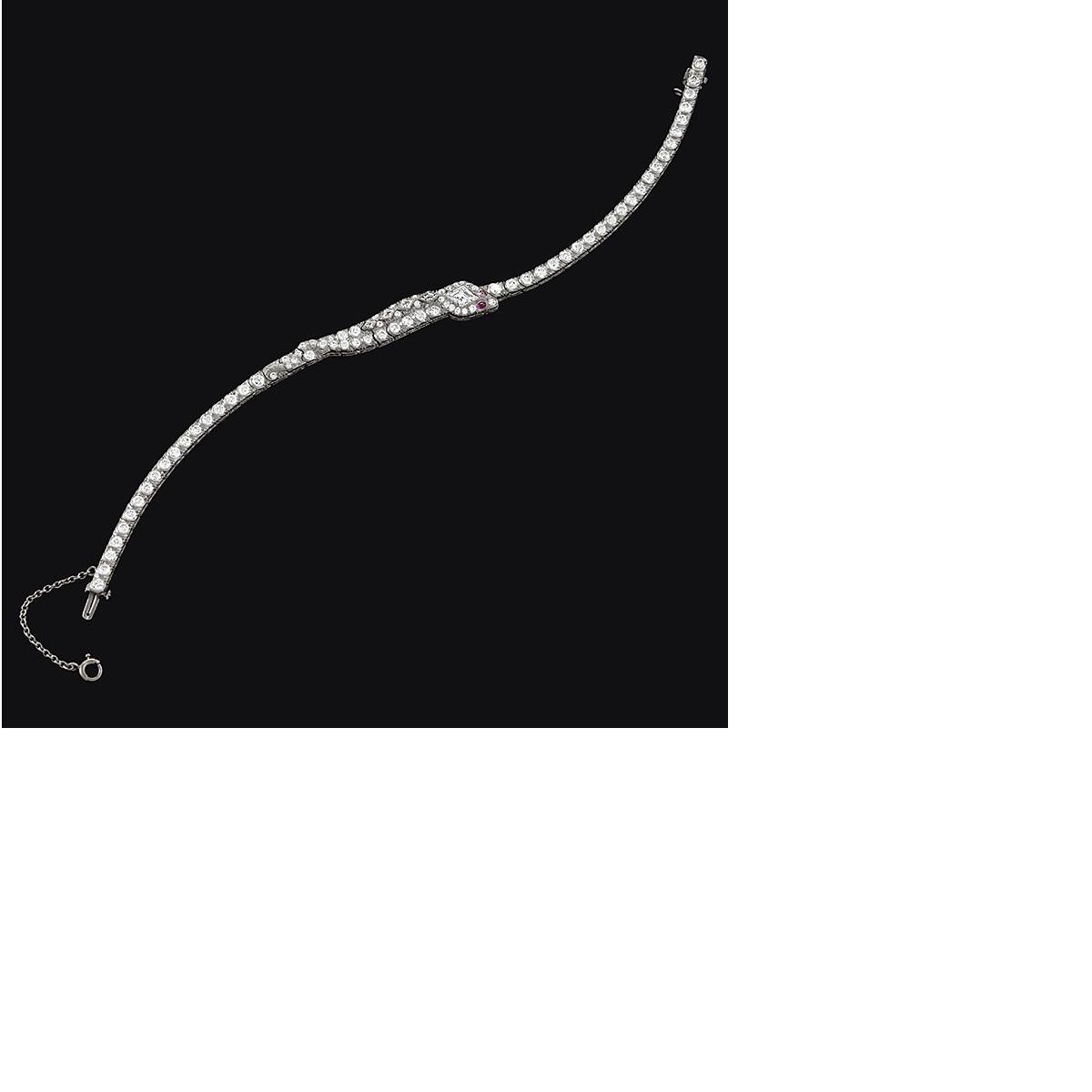 Oscar Heyman Art Deco Diamond Ruby Platinum Snake Bracelet 1