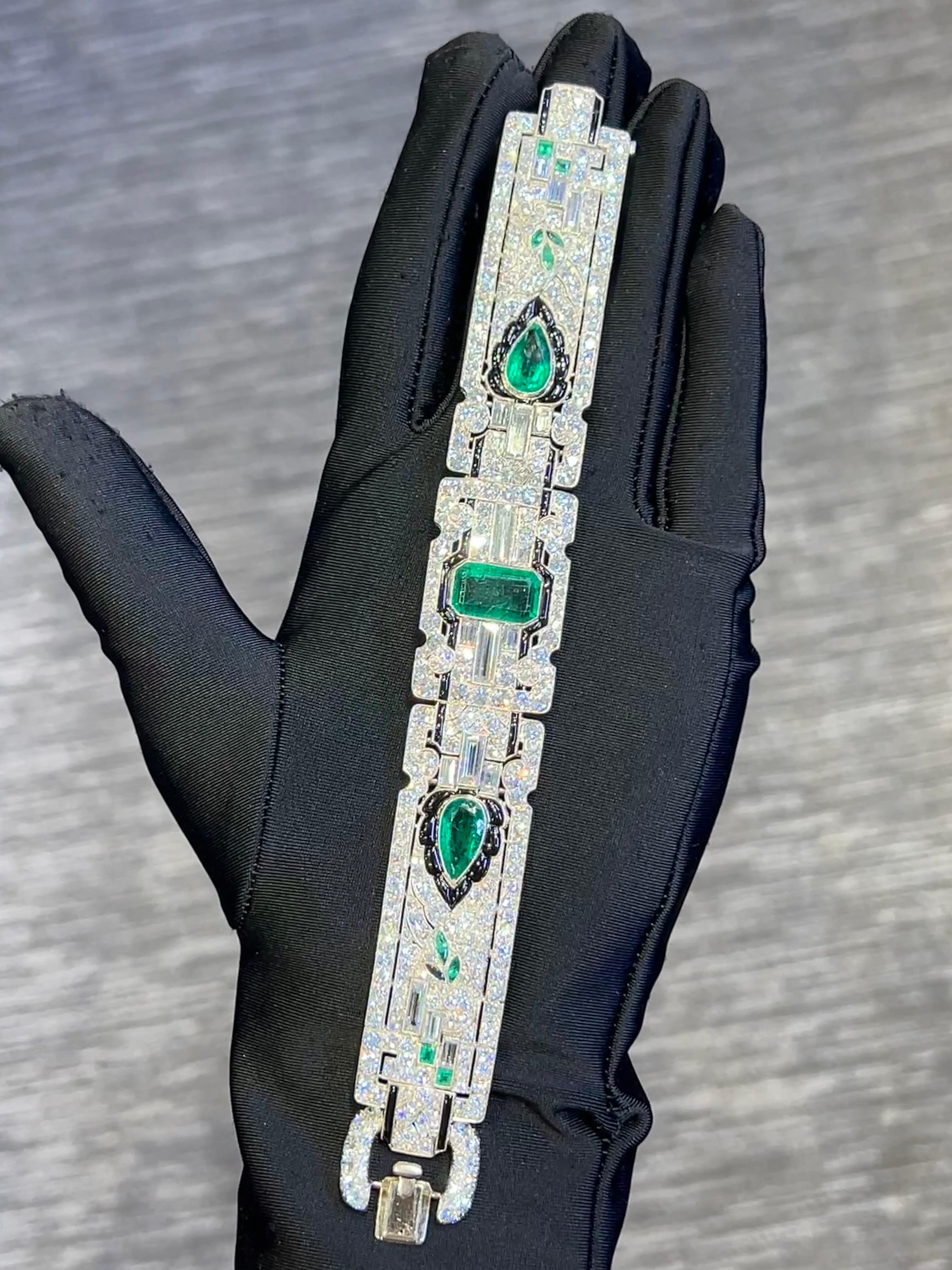 Mixed Cut Oscar Heyman Art Deco Emerald & Diamond Bracelet  For Sale