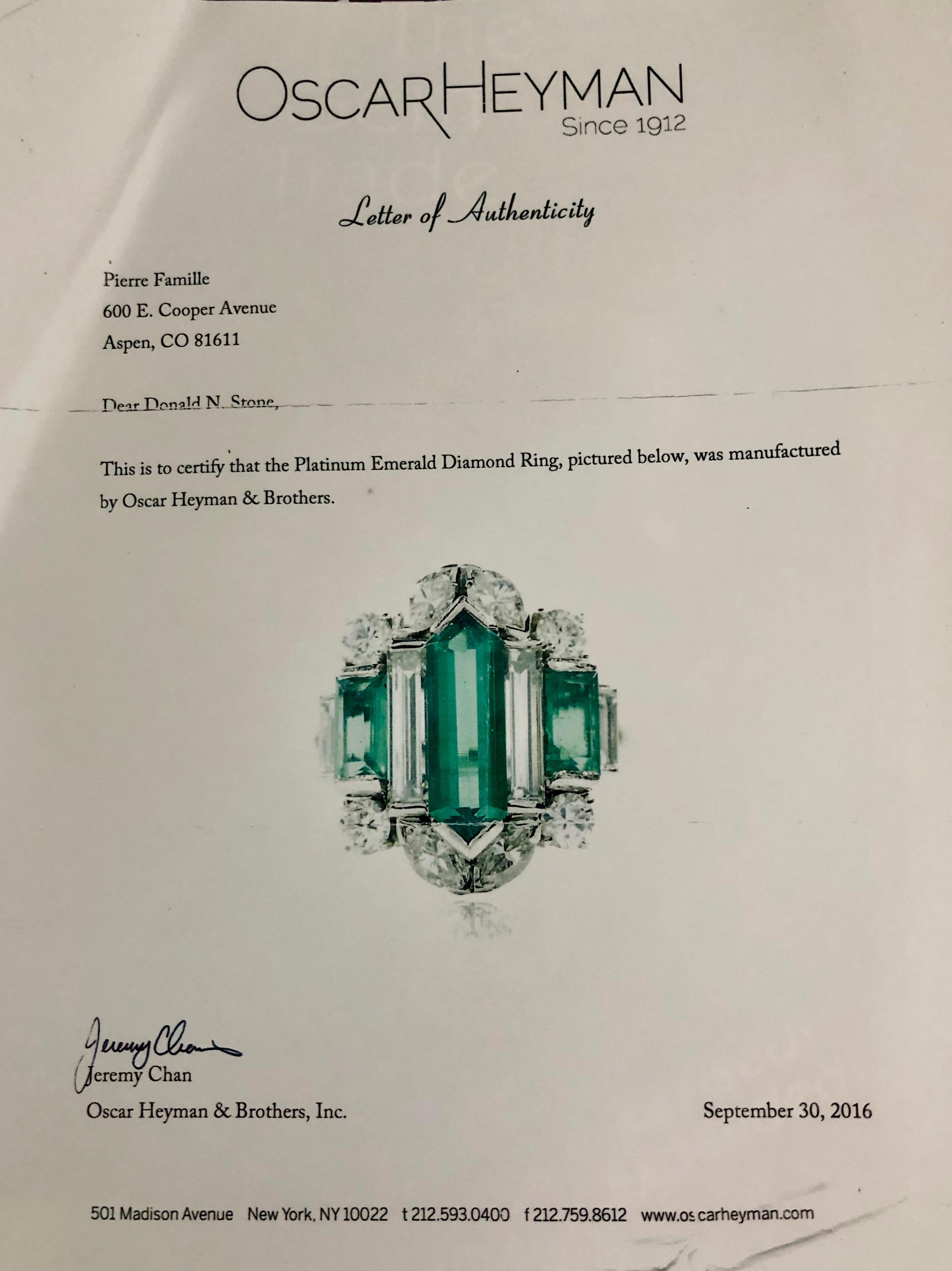 Women's Oscar Heyman Art Deco Emerald Diamond Platinum Ring