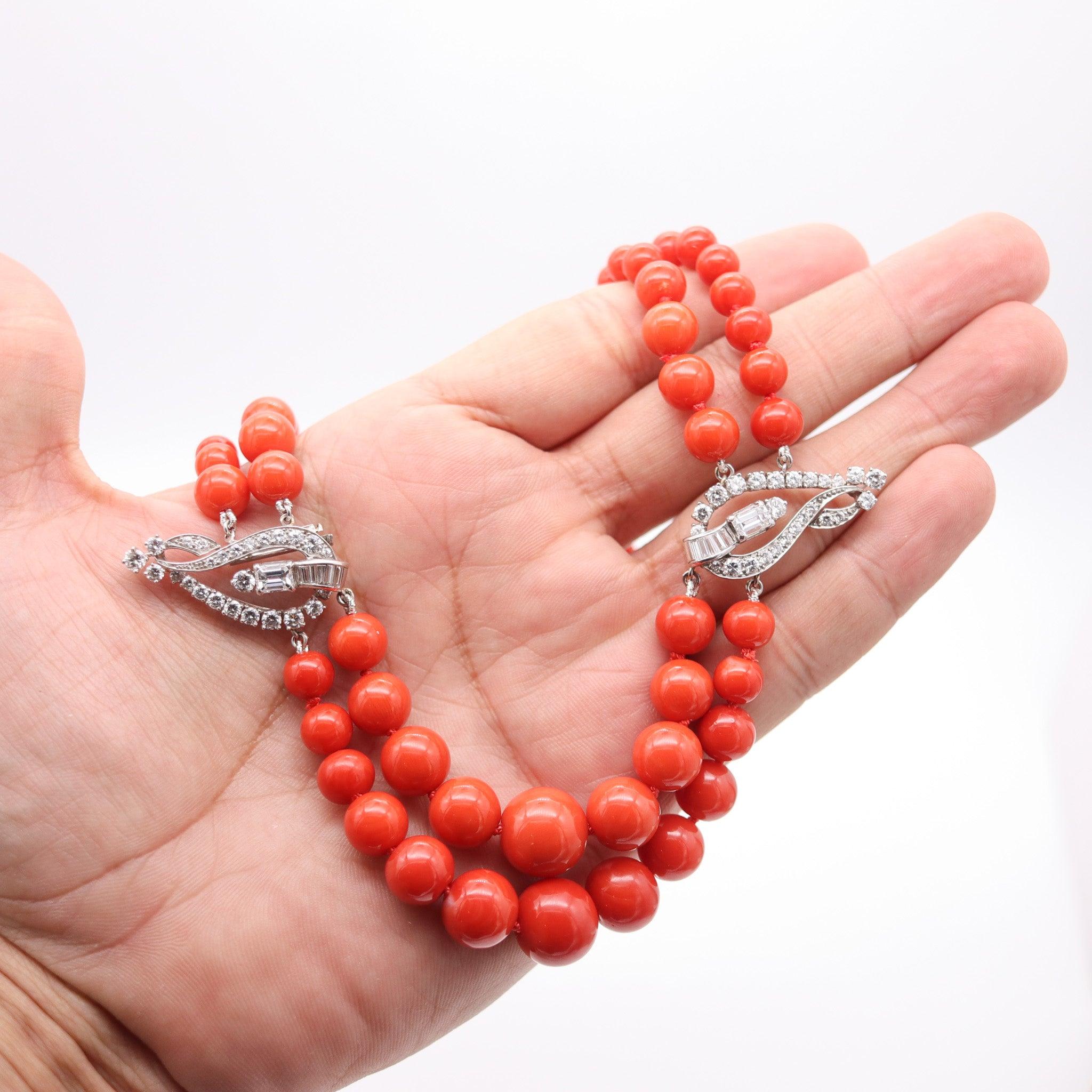 OSCAR HEYMAN Art-Deco Platinum Coral Necklace With 30.64 Ctw In VS Diamonds For Sale 4