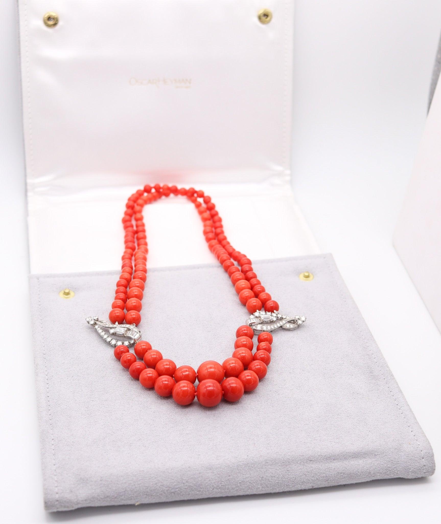 OSCAR HEYMAN Art-Deco Platinum Coral Necklace With 30.64 Ctw In VS Diamonds For Sale 5