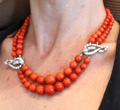 OSCAR HEYMAN Art-Deco Platinum Coral Necklace With 30.64 Ctw In VS Diamonds