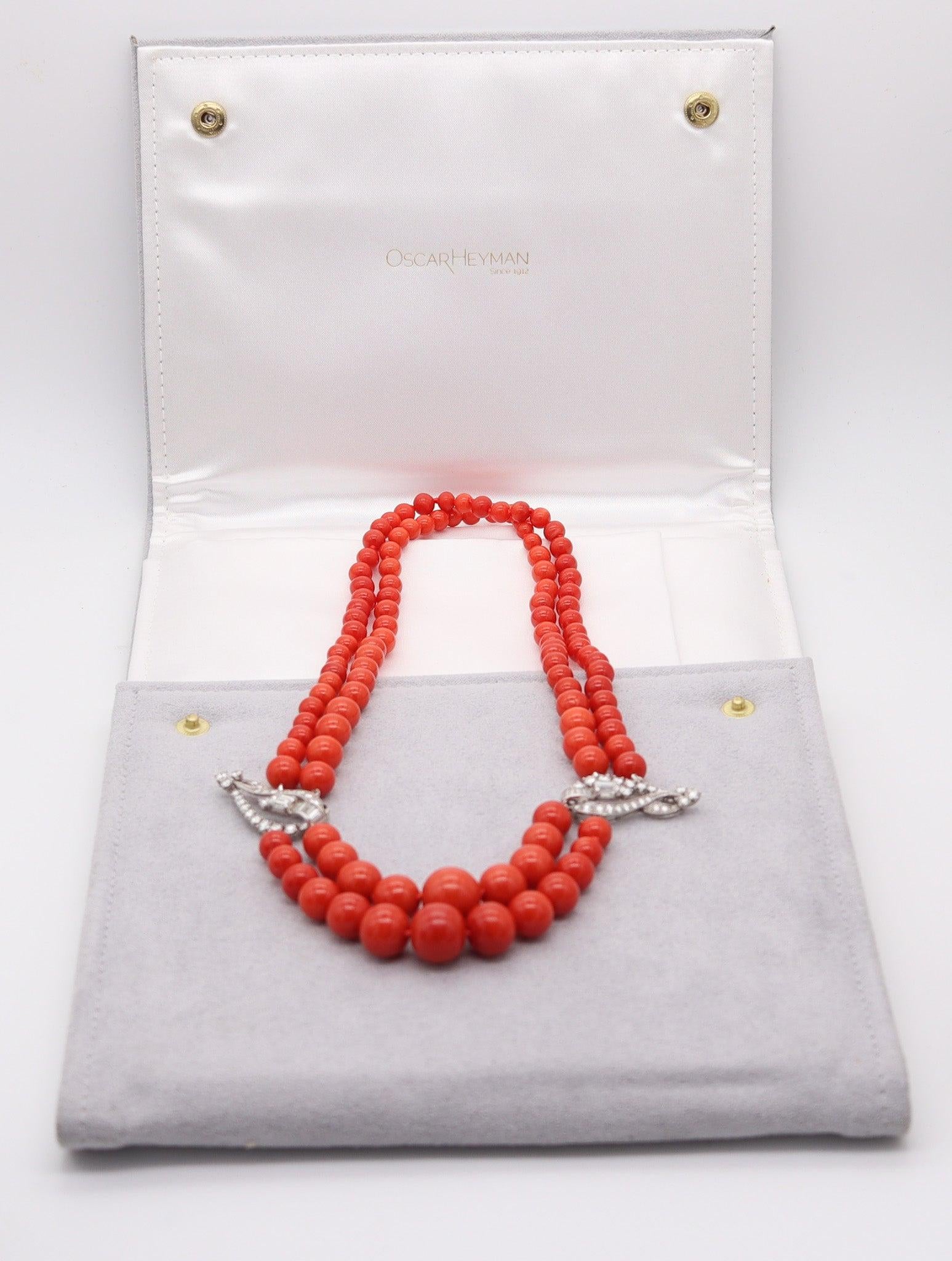 Art Deco OSCAR HEYMAN Art-Deco Platinum Coral Necklace With 30.64 Ctw In VS Diamonds For Sale