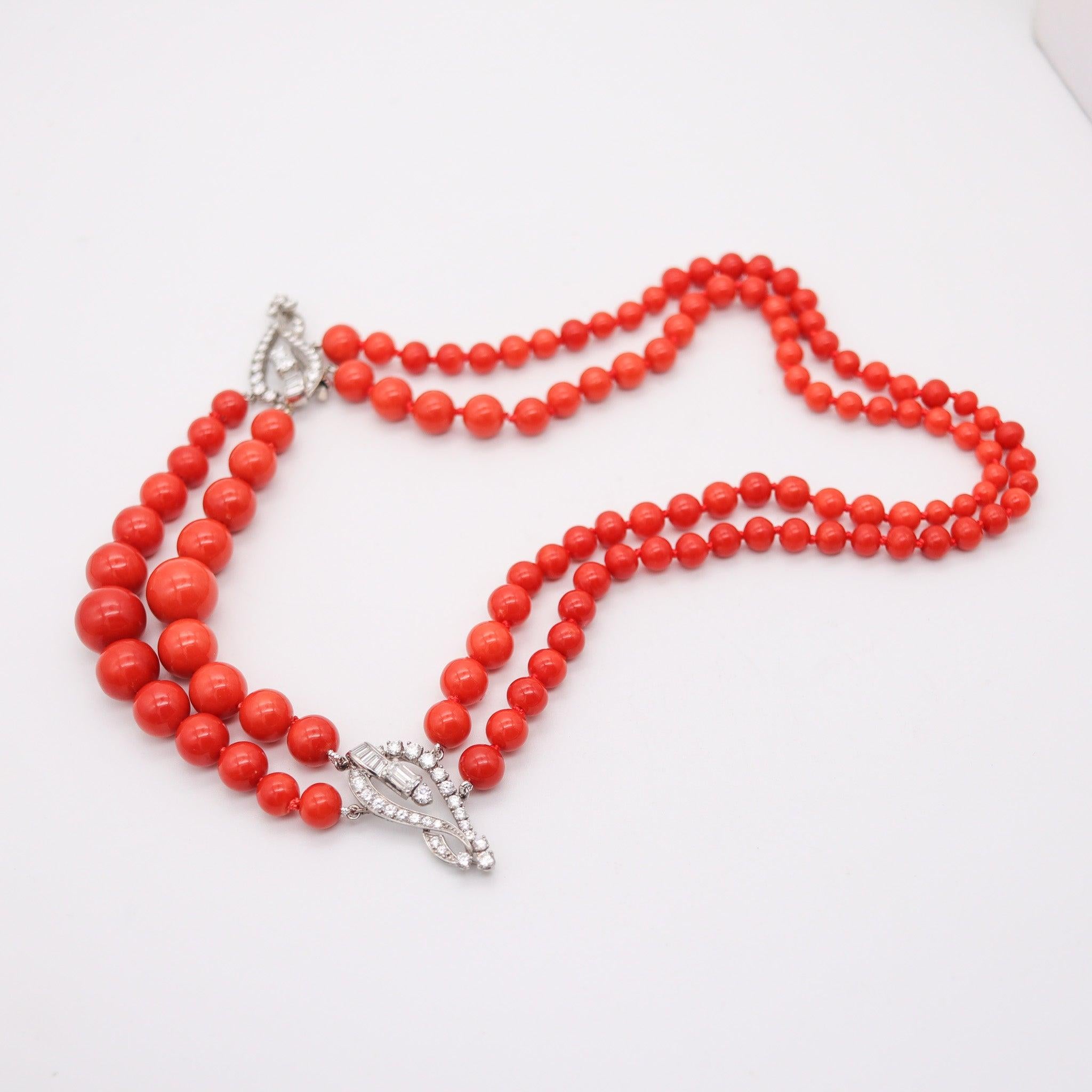 Baguette Cut OSCAR HEYMAN Art-Deco Platinum Coral Necklace With 30.64 Ctw In VS Diamonds For Sale