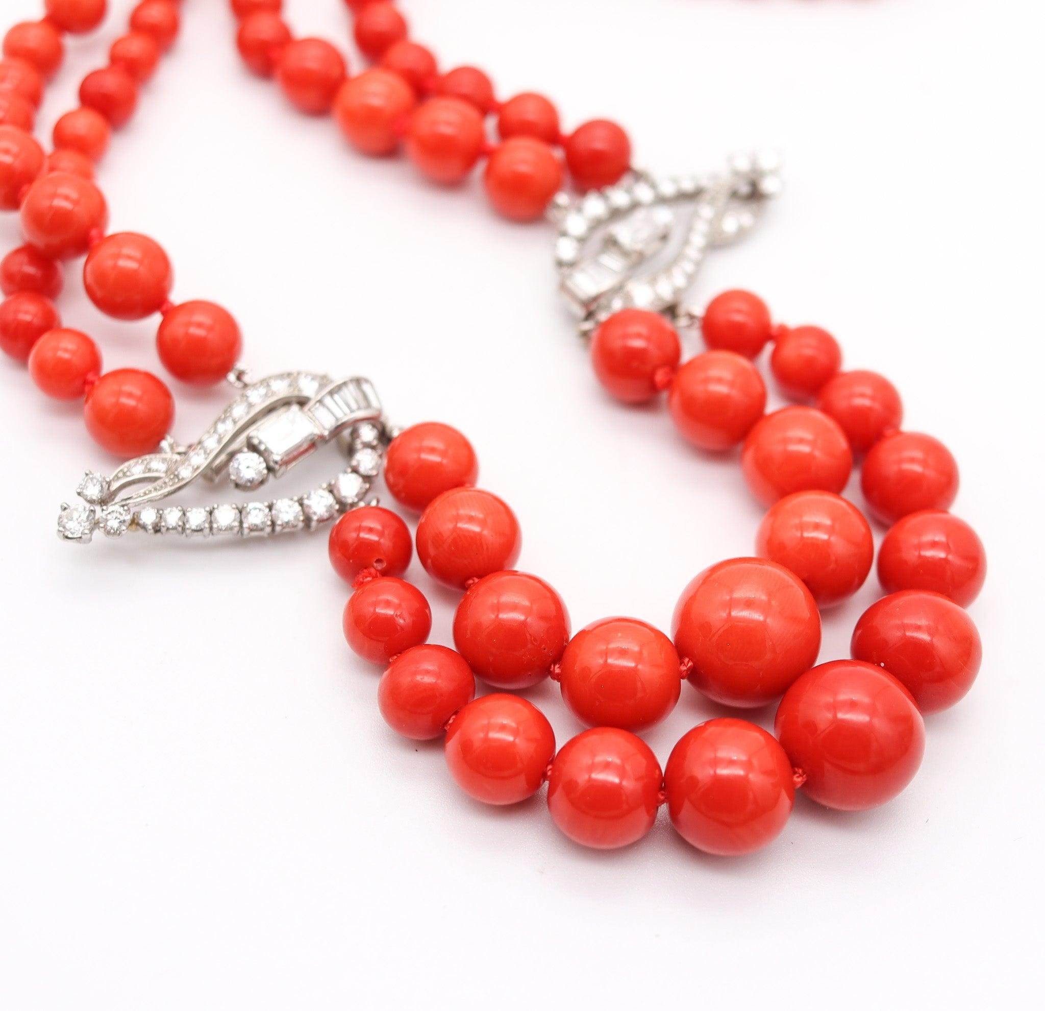 Women's OSCAR HEYMAN Art-Deco Platinum Coral Necklace With 30.64 Ctw In VS Diamonds For Sale