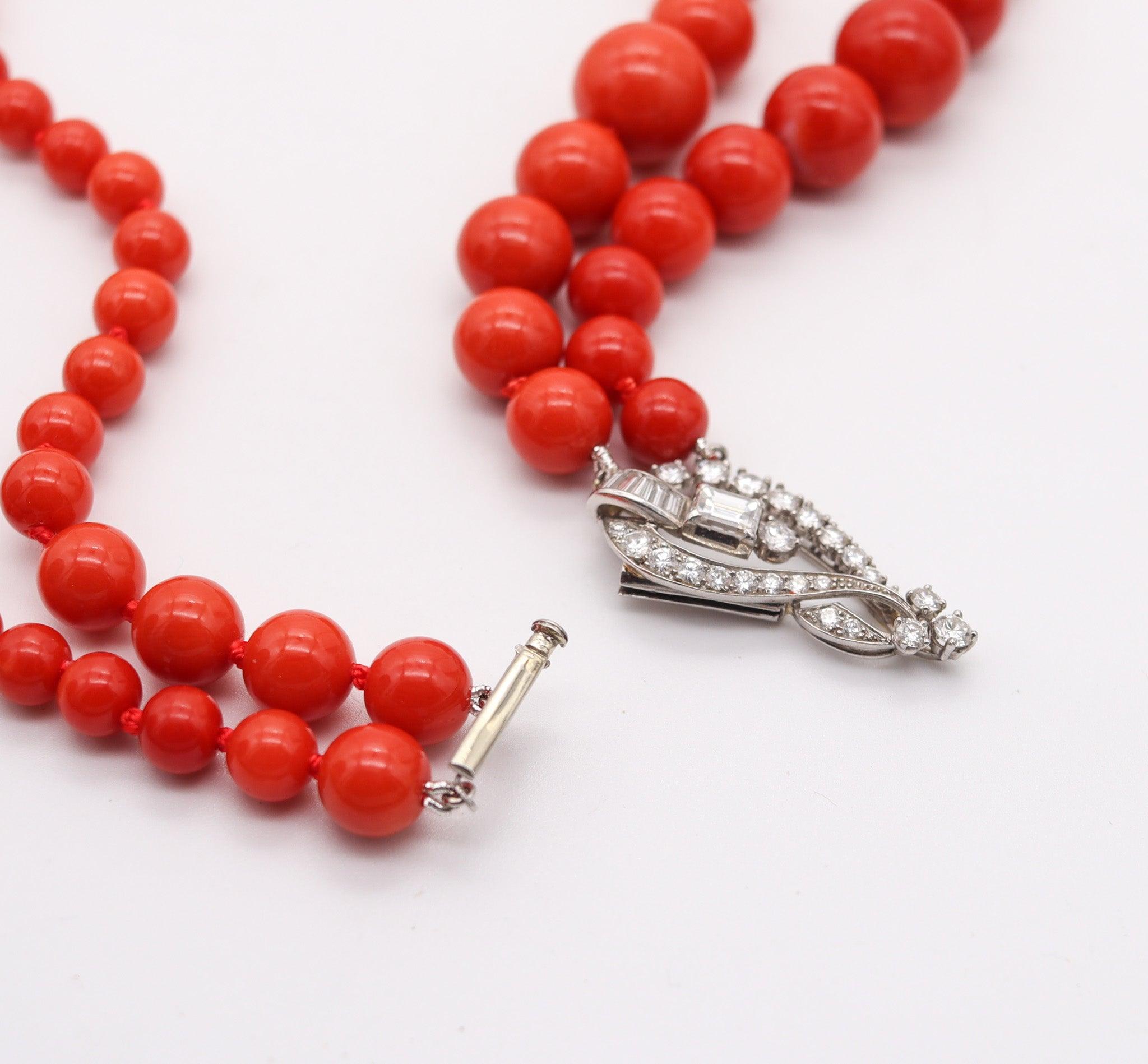 OSCAR HEYMAN Art-Deco Platinum Coral Necklace With 30.64 Ctw In VS Diamonds For Sale 1
