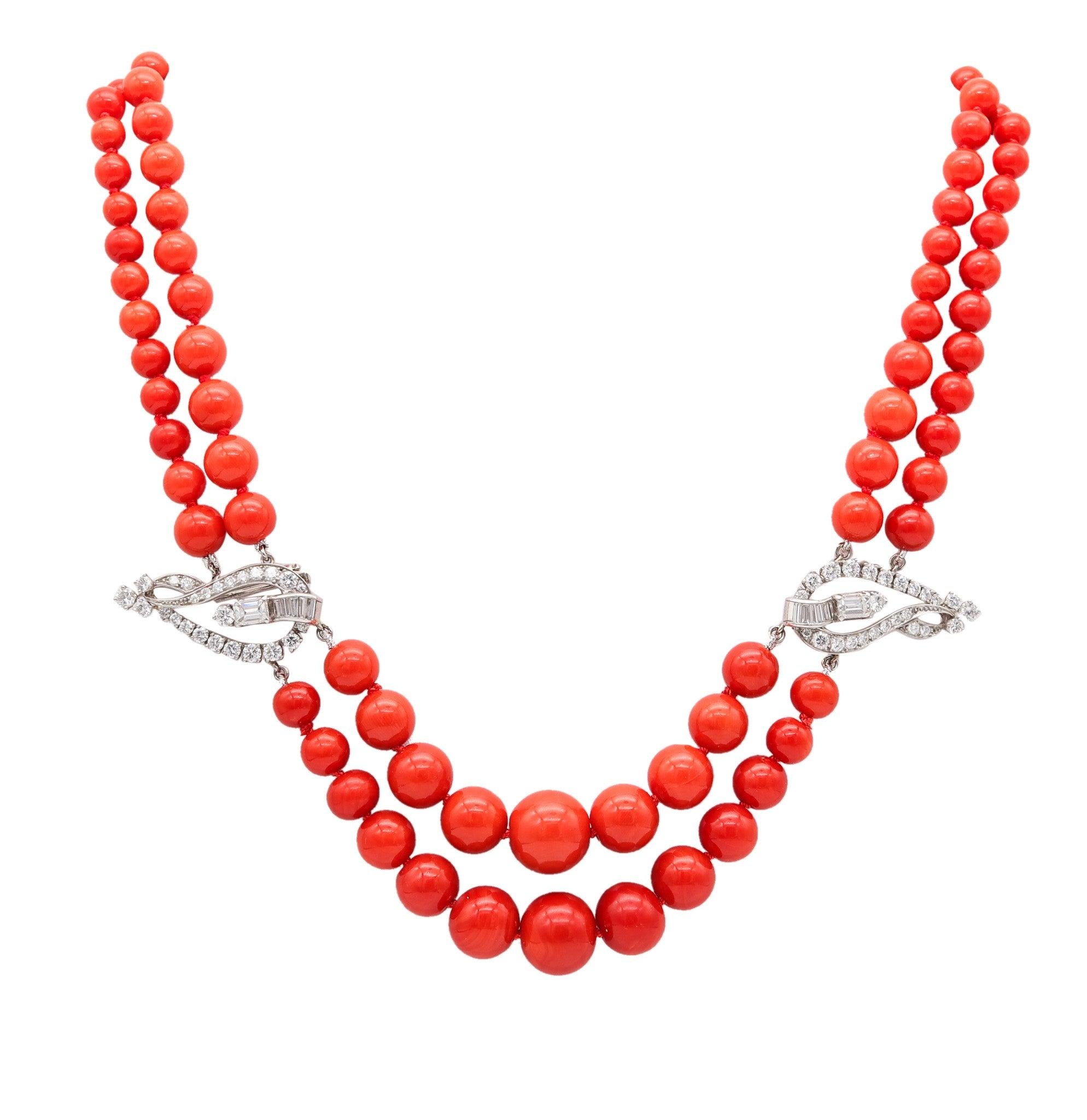 OSCAR HEYMAN Art-Deco Platinum Coral Necklace With 30.64 Ctw In VS Diamonds For Sale