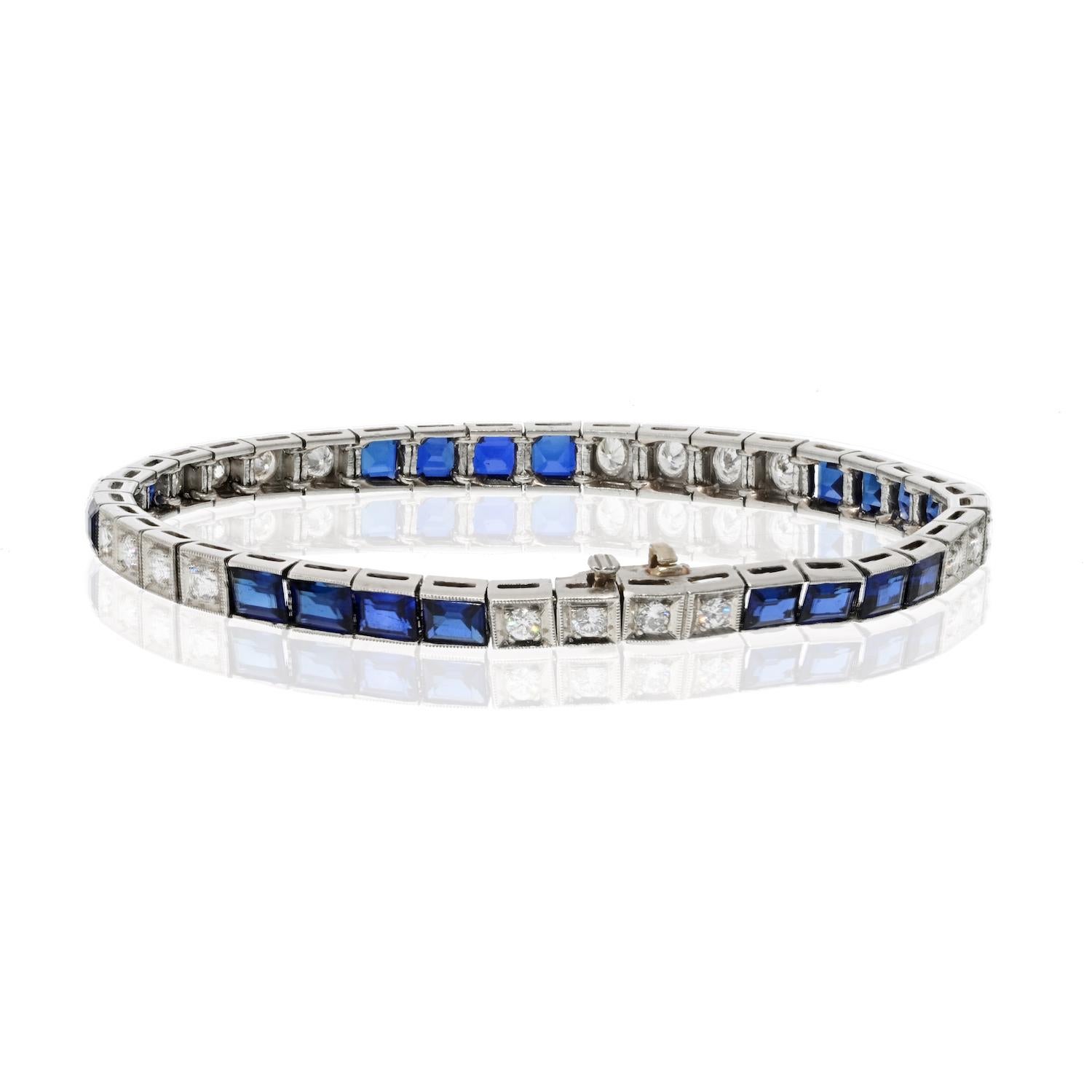 Modern Oscar Heyman Art Deco Platinum Diamonds and Sapphires Tennis Bracelet For Sale