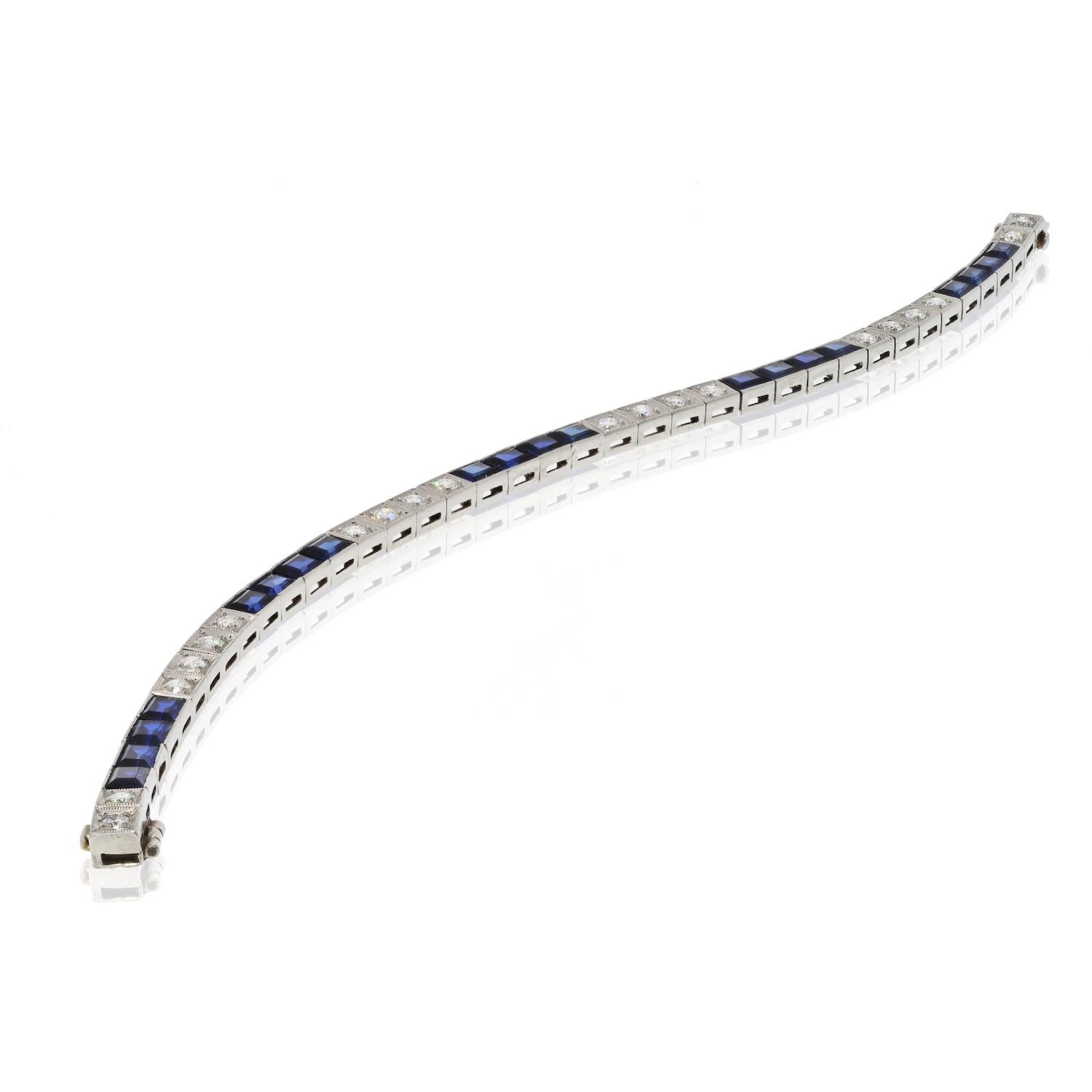 Oscar Heyman Art Deco Platinum Diamonds and Sapphires Tennis Bracelet In Excellent Condition For Sale In New York, NY