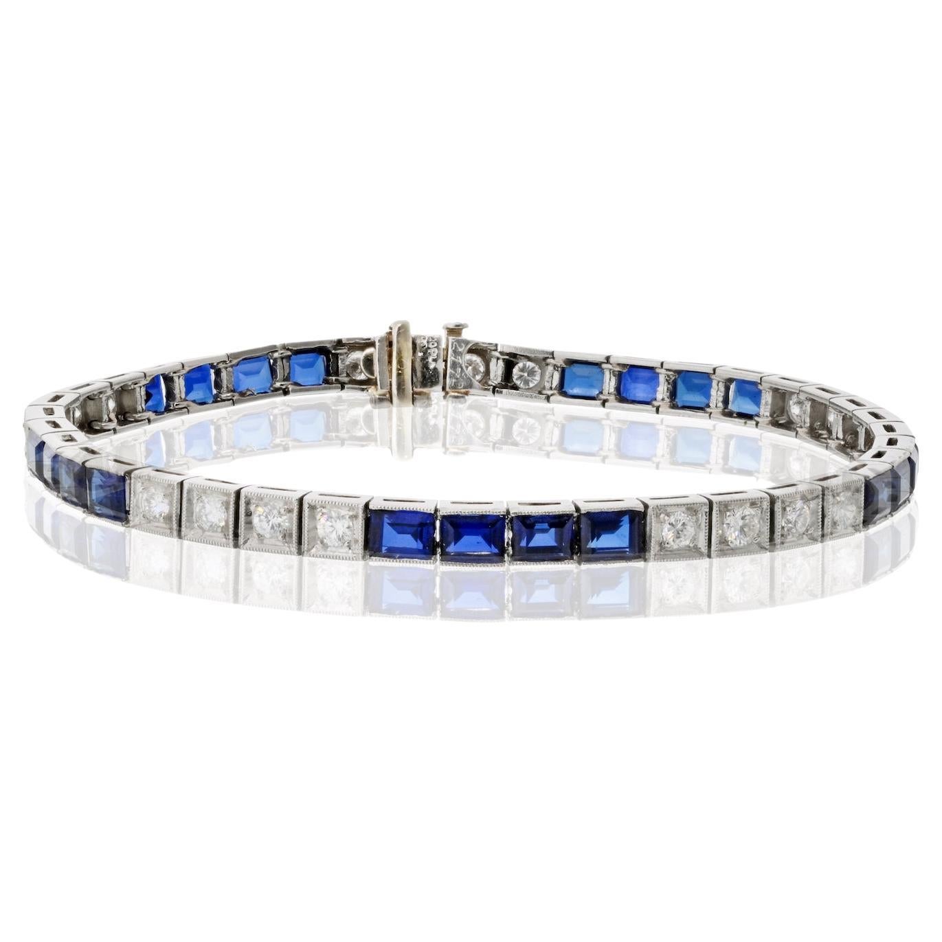 Oscar Heyman Art Deco Platinum Diamonds and Sapphires Tennis Bracelet For Sale